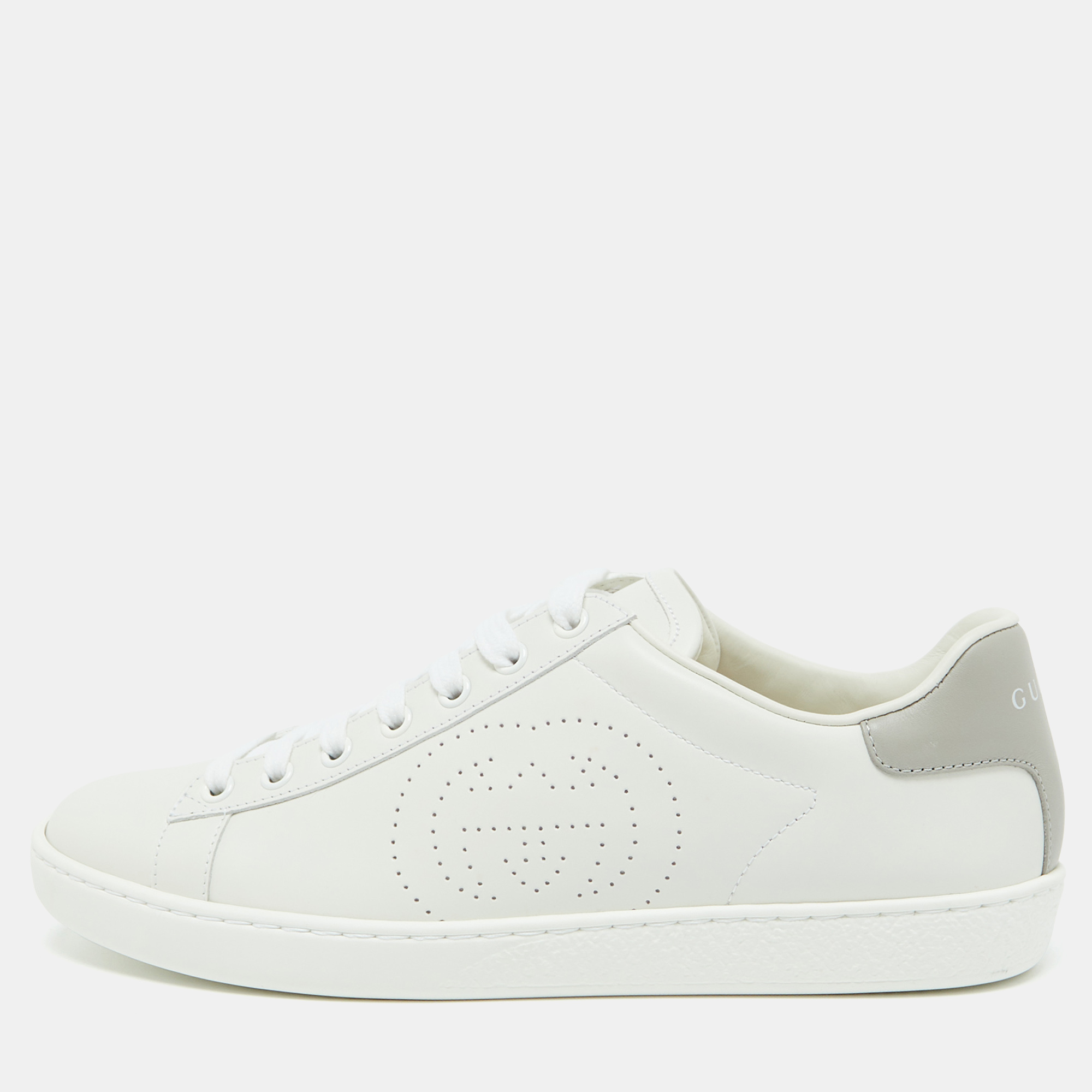 

Gucci White/Grey Leather Interlocking G Ace Low Top Sneakers Size