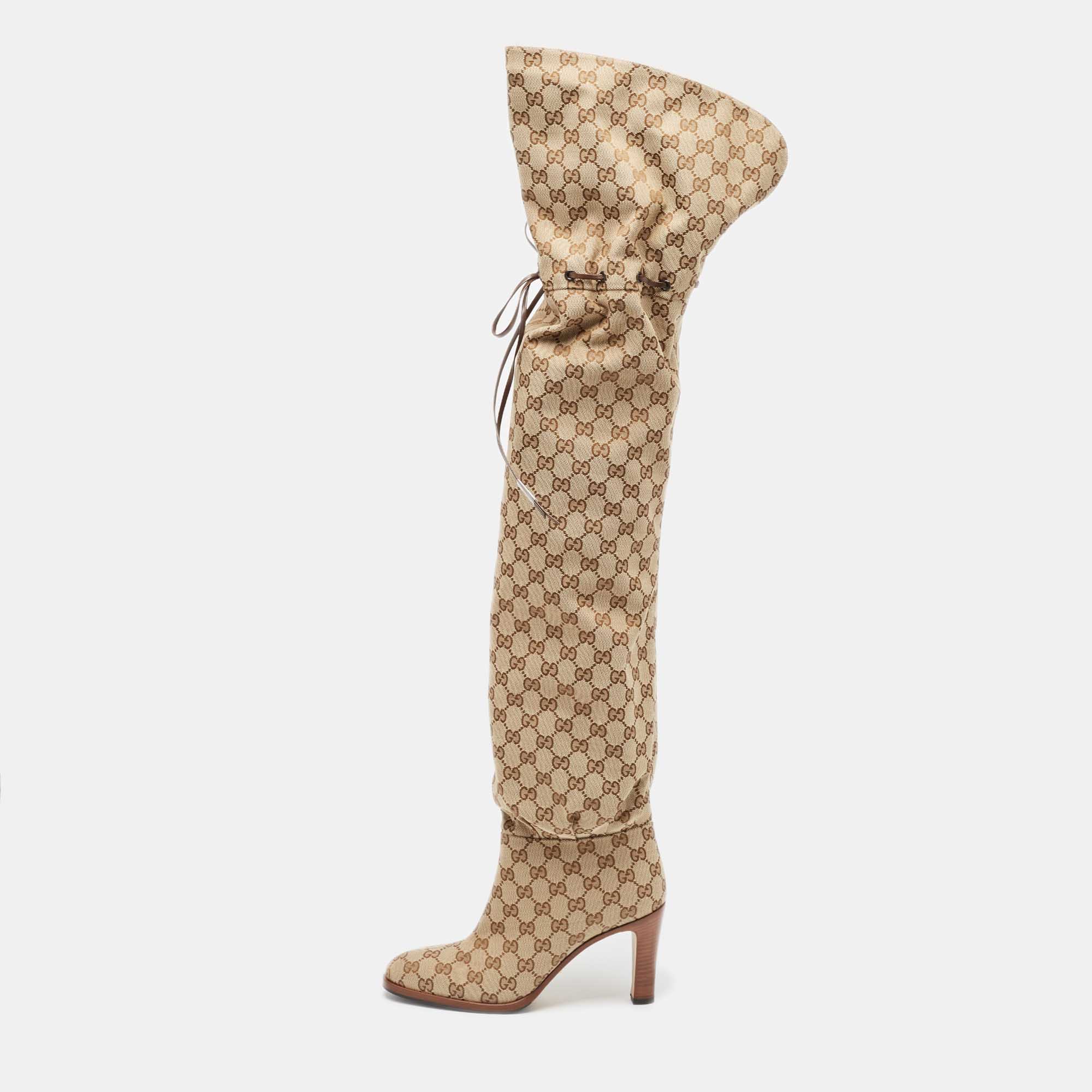 

Gucci Beige/Brown GG Canvas Lisa Thigh High Boots Size