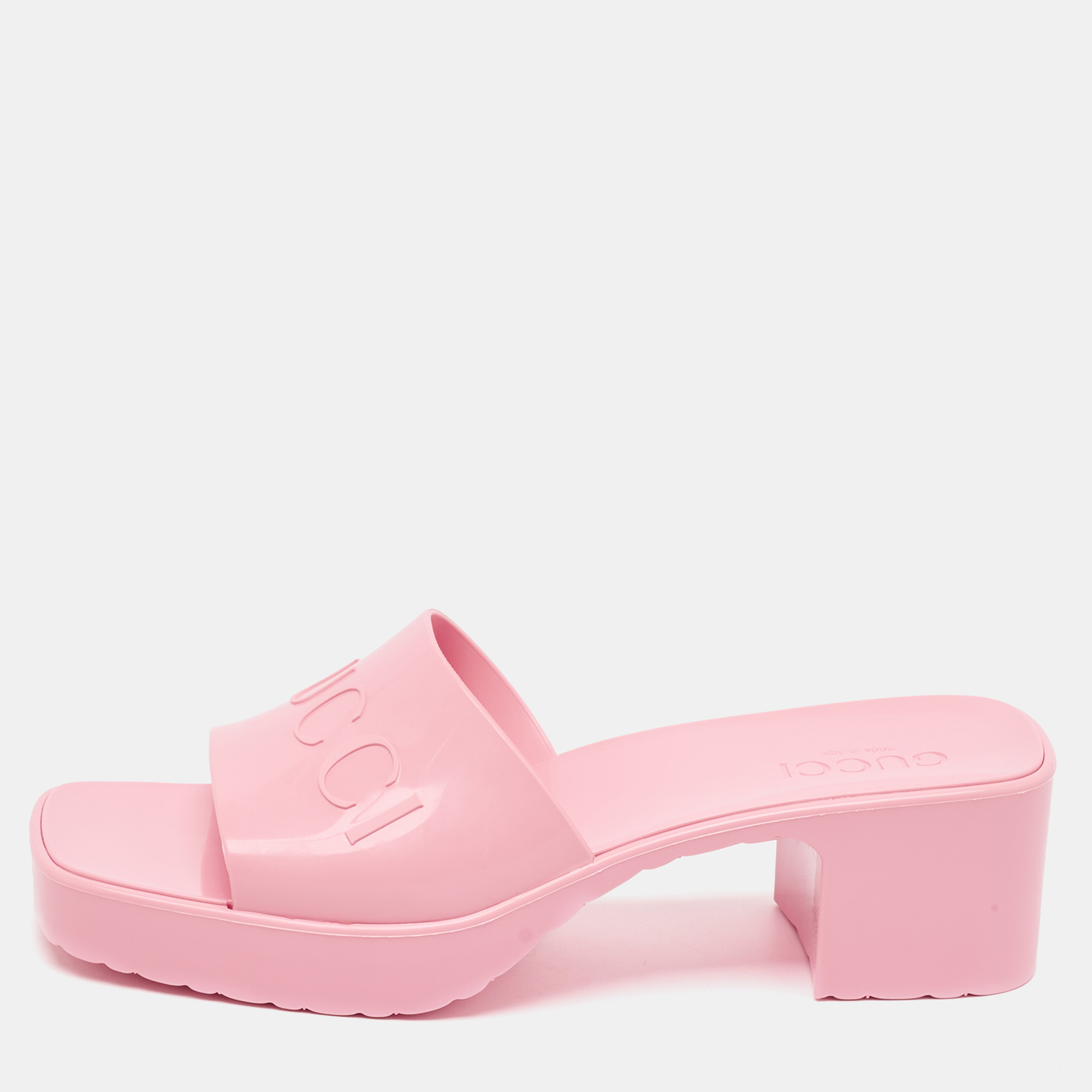 

Gucci Pink Rubber Logo Embossed Platform Slide Sandals Size