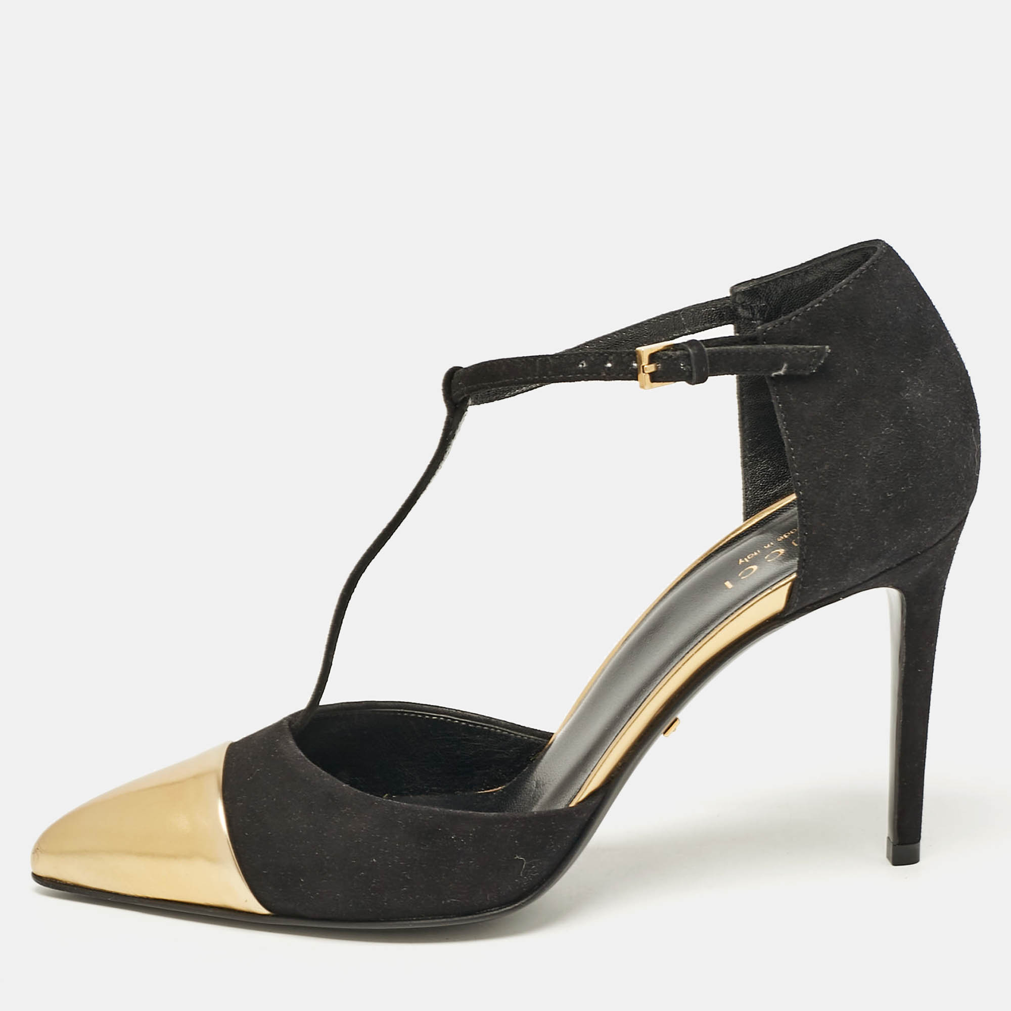 

Gucci Black/Gold Leather and Suede T Strap Pumps Size