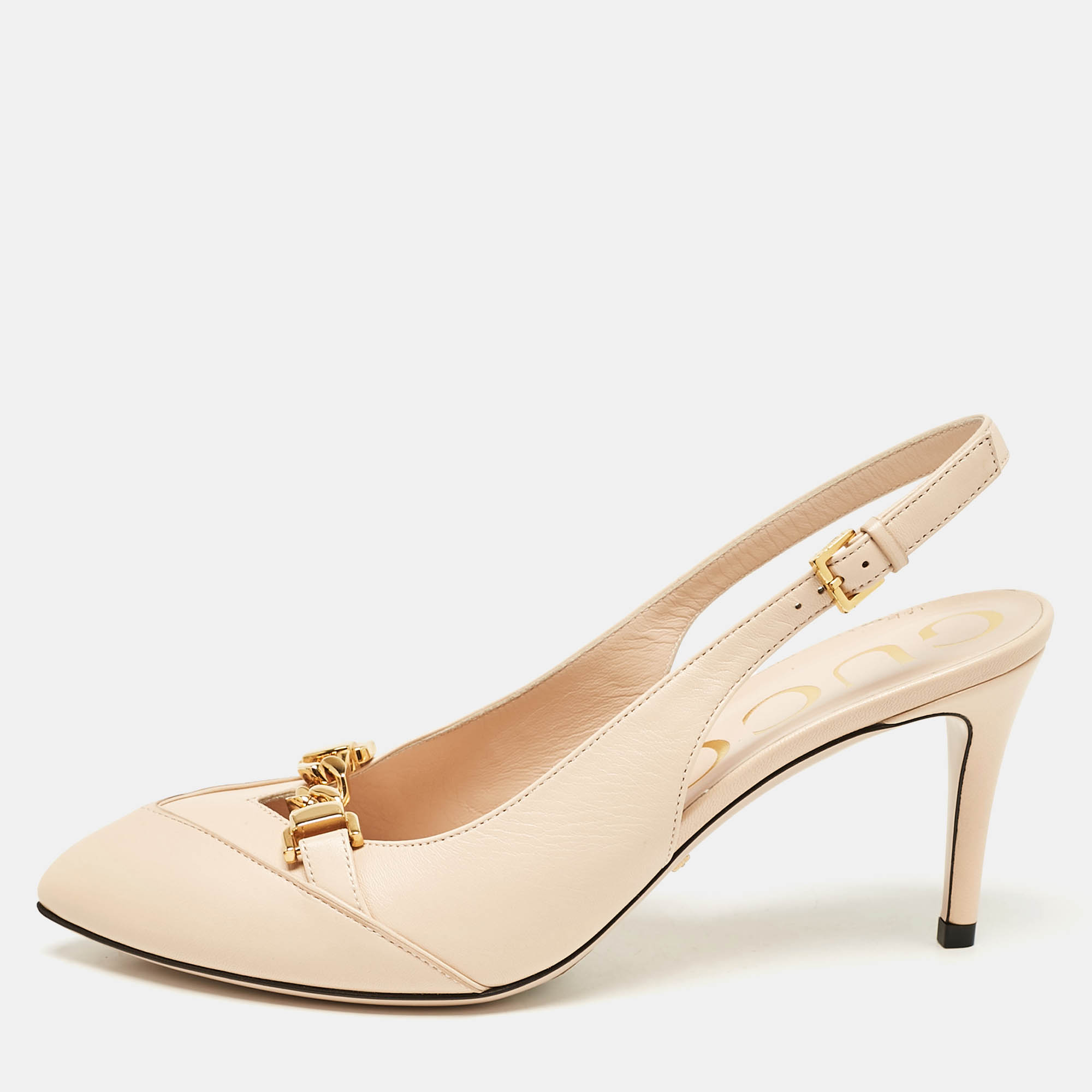 

Gucci Beige Leather Chain Detail Slingback Pumps Size