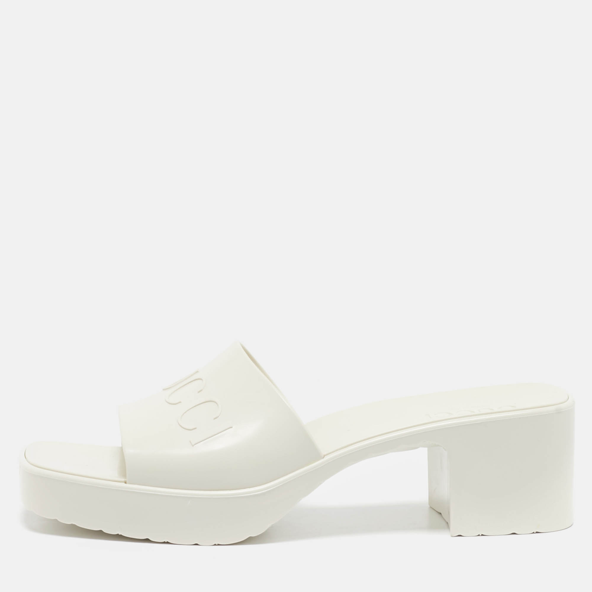 

Gucci White Rubber Embossed Logo Block Heel Slide Sandals Size