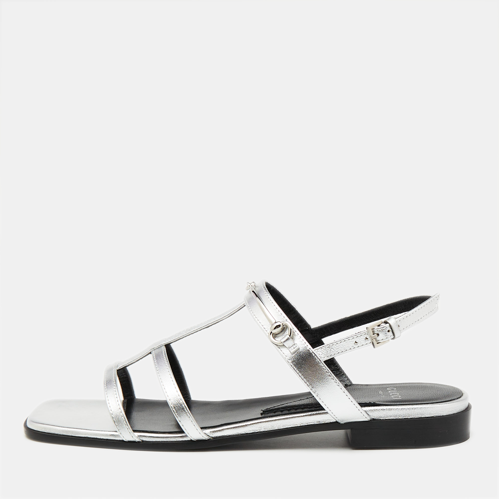 

Gucci Silver Leather Divine Flat Sandals Size