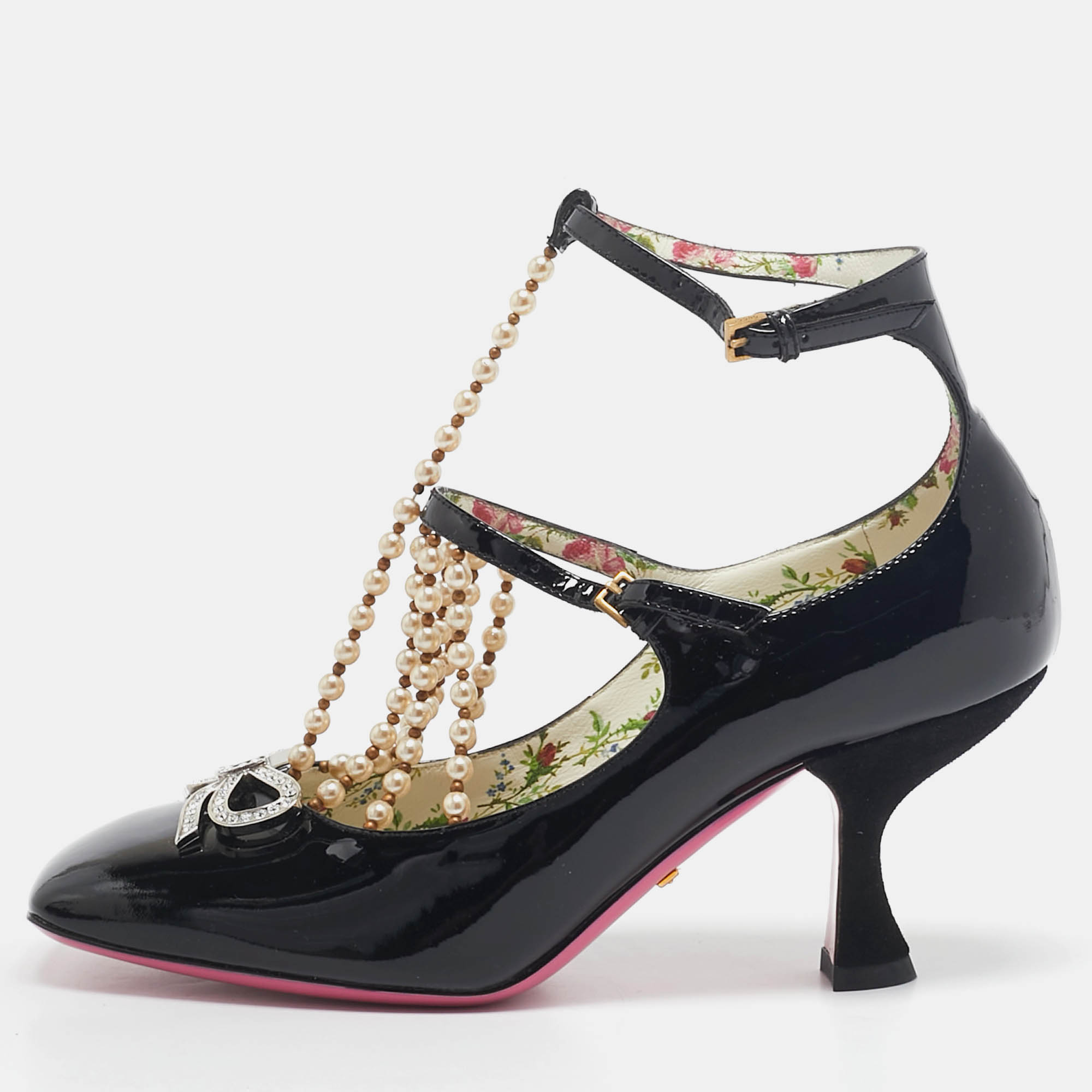 

Gucci Black Patent Leather Pearl Embellished T Strap Pumps Size