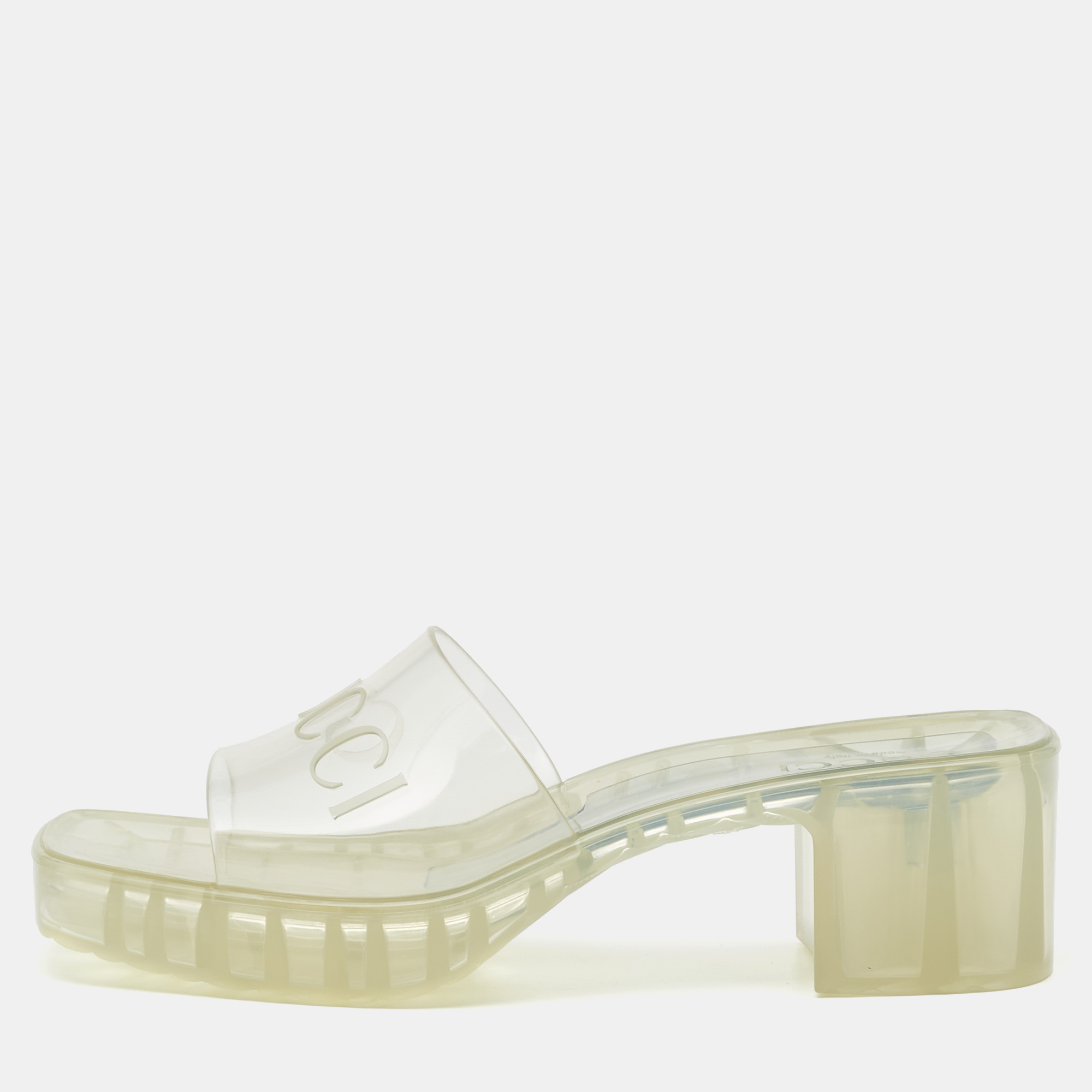 

Gucci Transparent Rubber Embossed Logo Slide Sandals Size