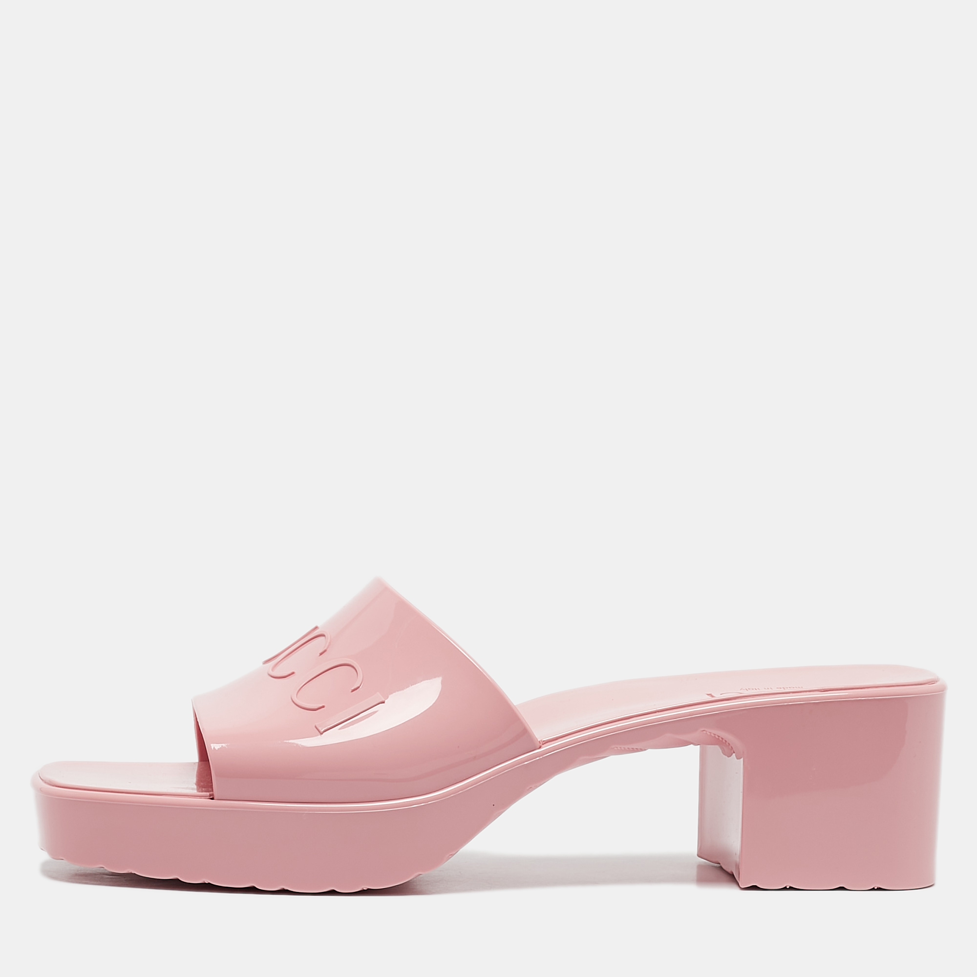 

Gucci Pink Rubber Embossed Logo Slide Sandals Size