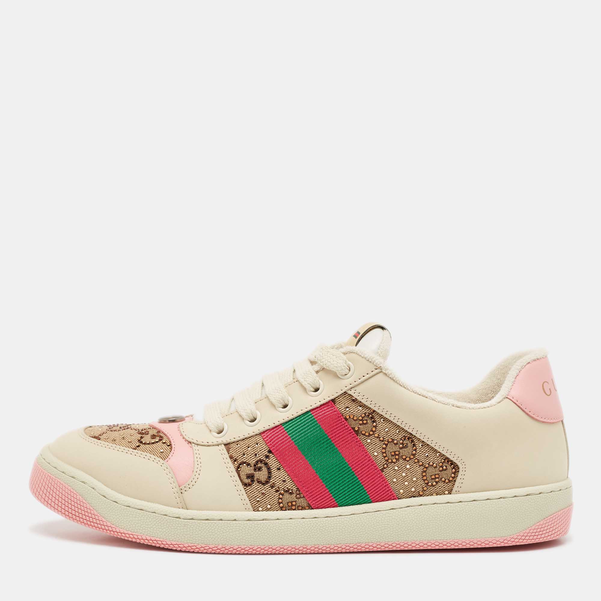 

Gucci Multicolor Nubuck Leather and Crystal GG Canvas Screener Sneakers Size