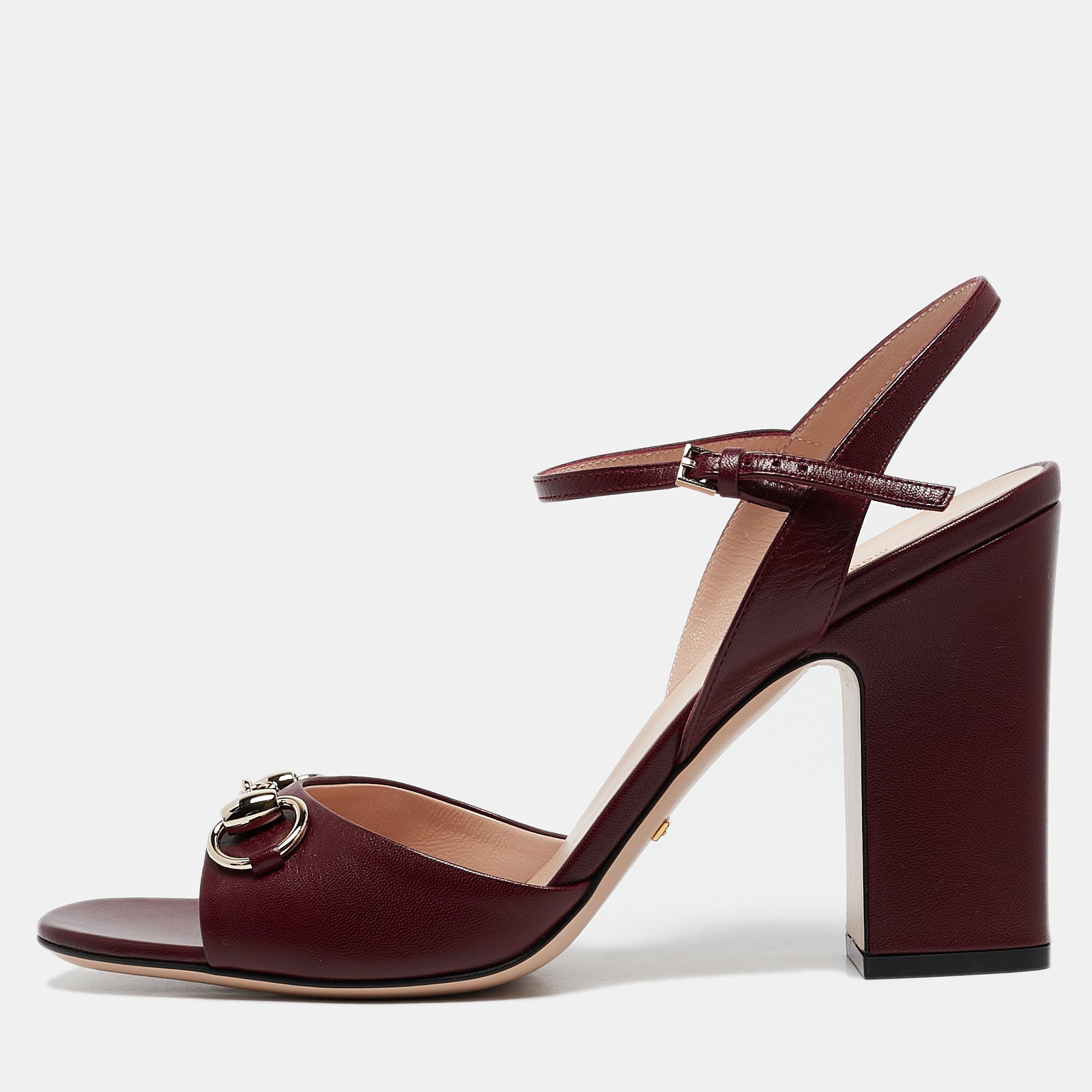 

Gucci Burgundy Leather Horsebit Ankle Strap Sandals Size