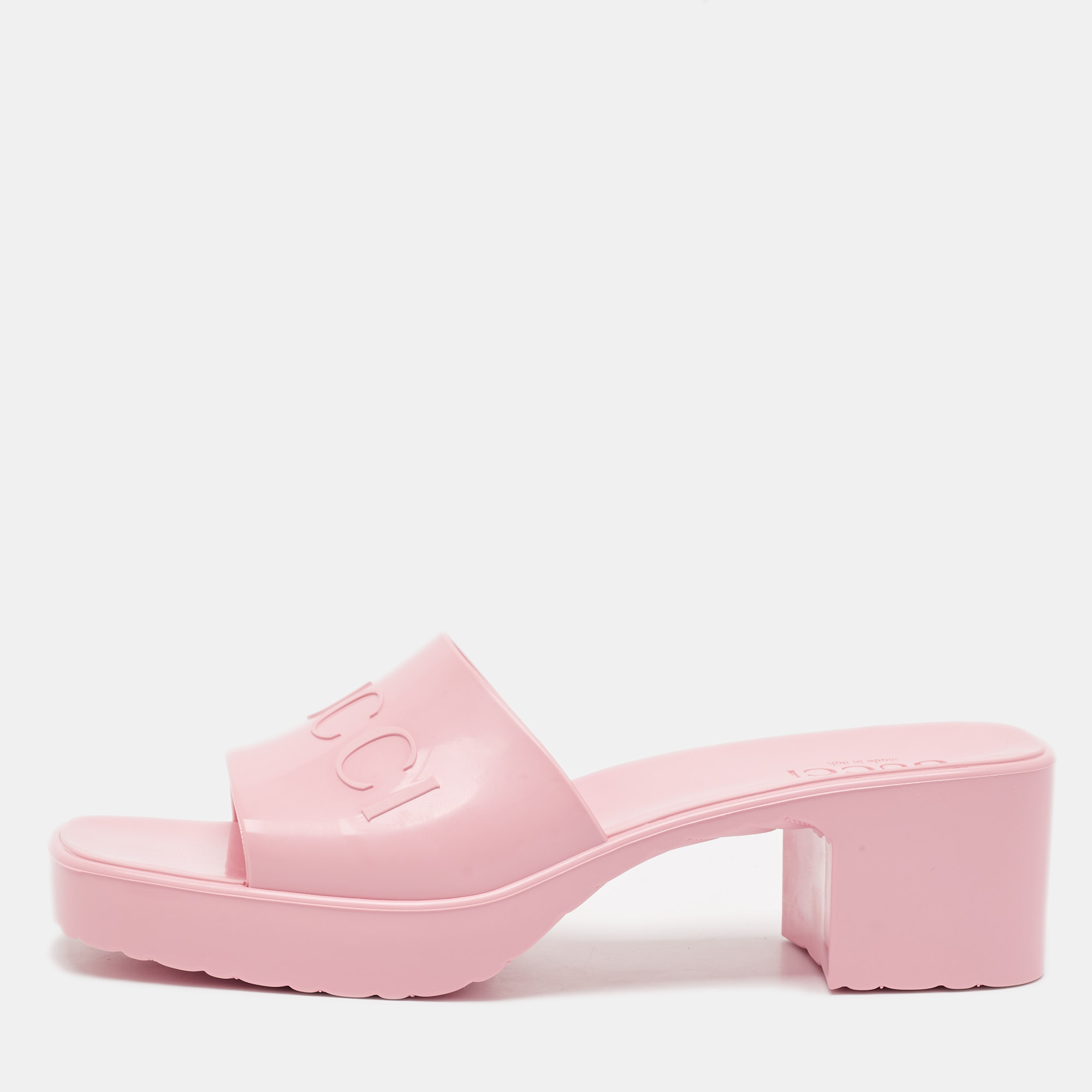 

Gucci Pink Rubber Embossed Logo Slide Sandals Size