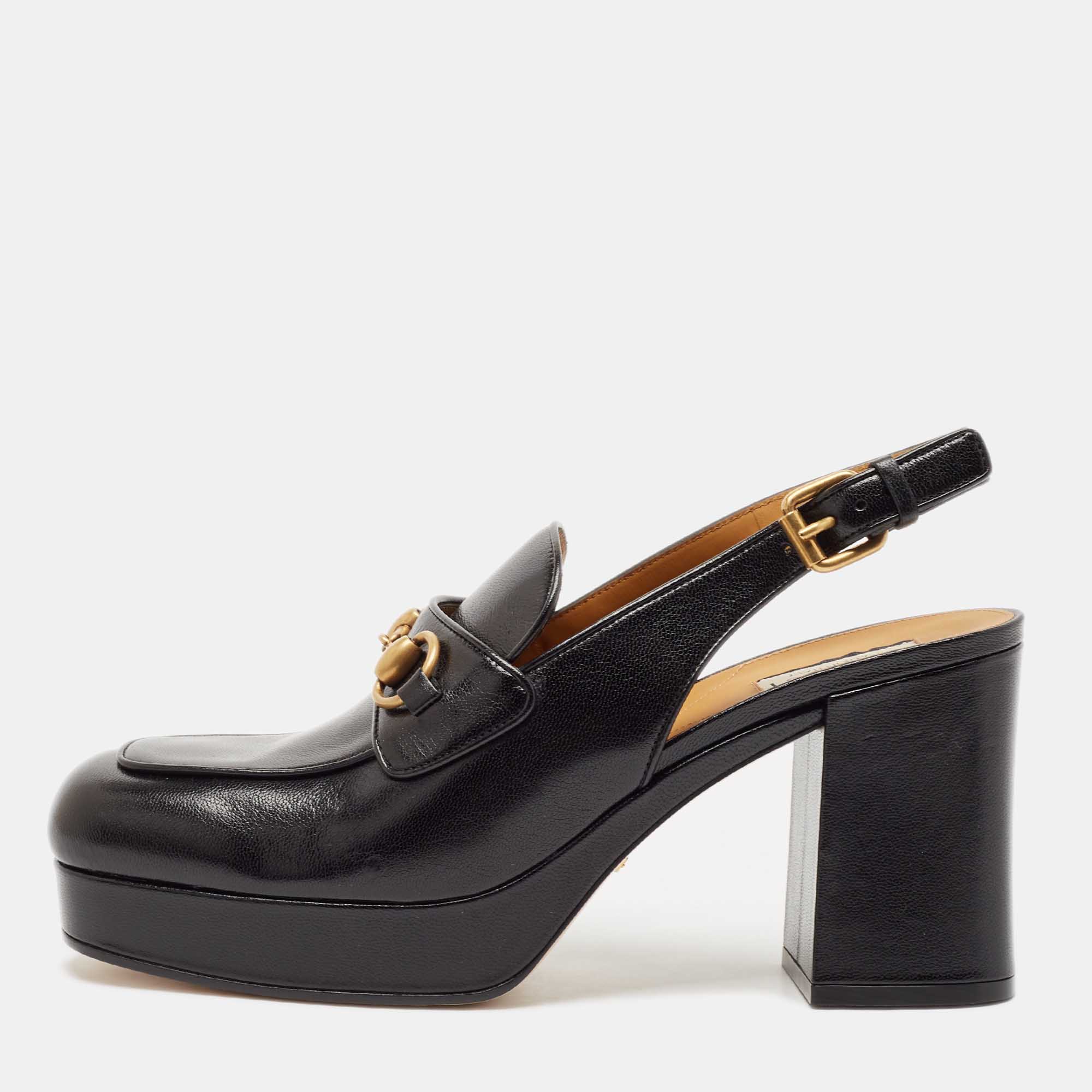 

Gucci Black Leather Horsebit Slingback Platform Pumps Size