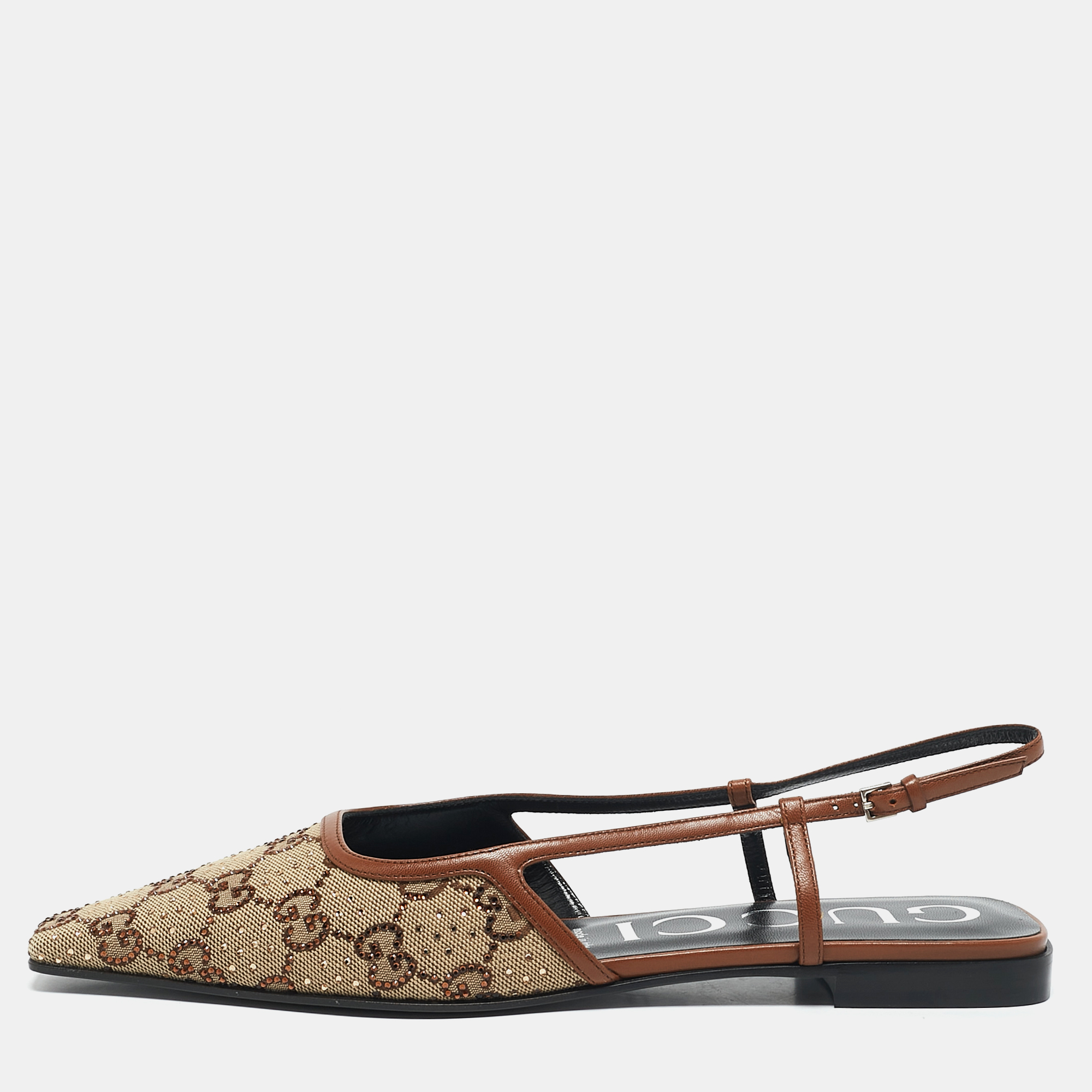 

Gucci Brown Canvas and Leather Crystal Embellished Slingback Flats Size