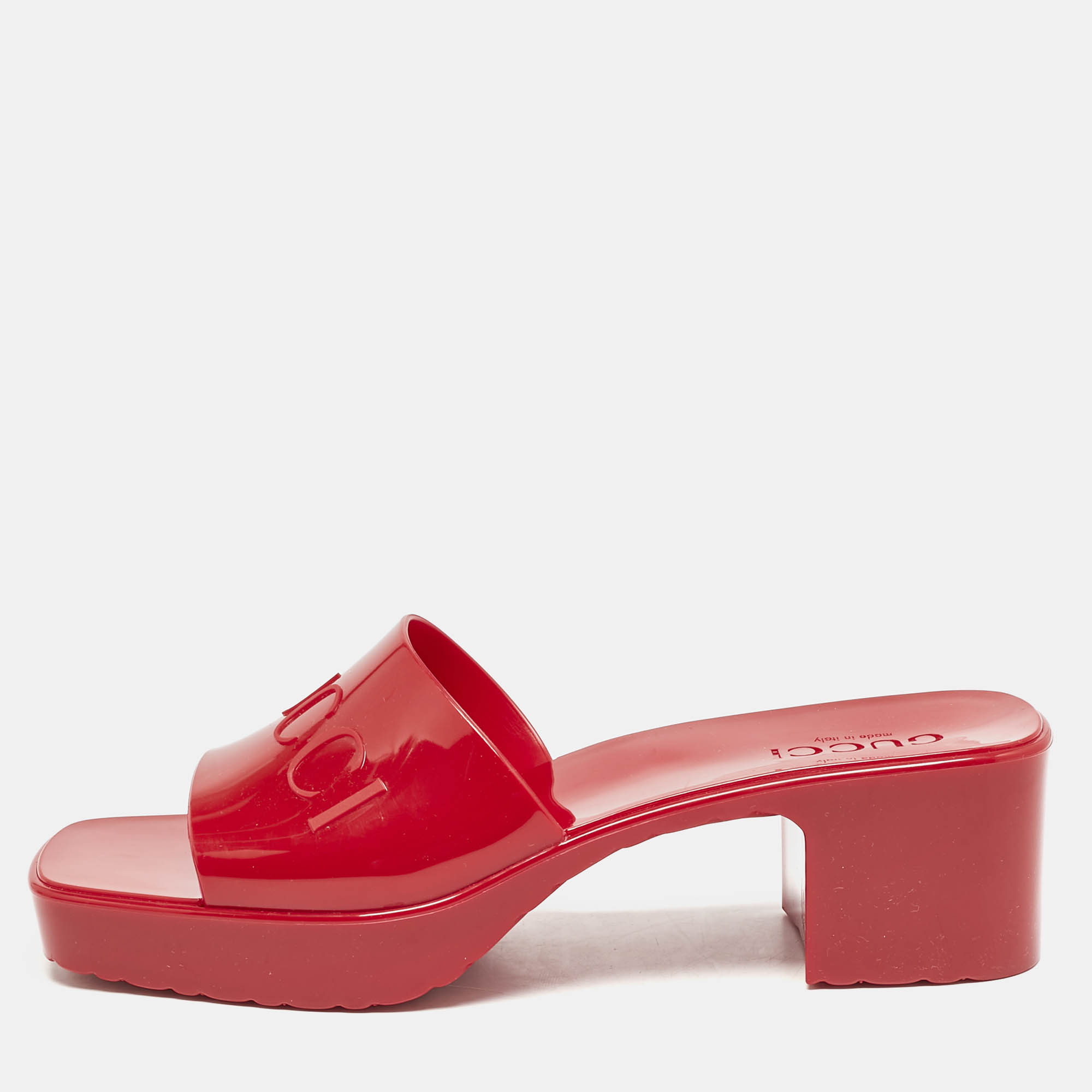 

Gucci Dark Red Rubber Block Heel Slide Sandals Size