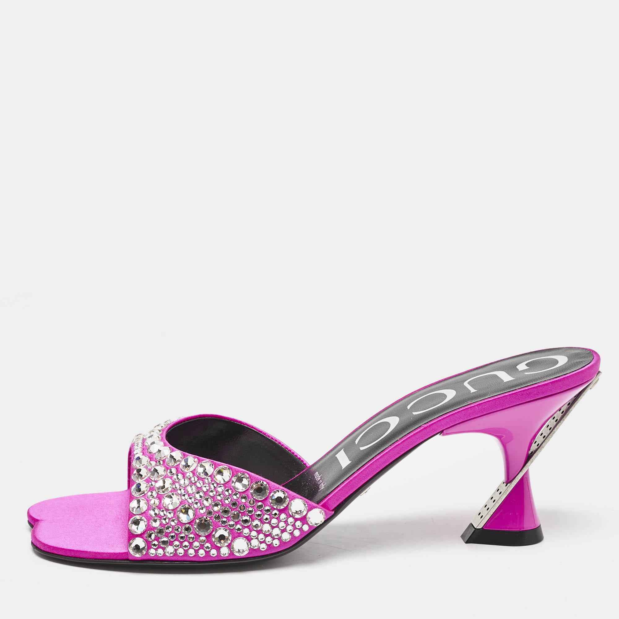 

Gucci Pink Satin Galactica Crystal Embellished Slide Sandals Size