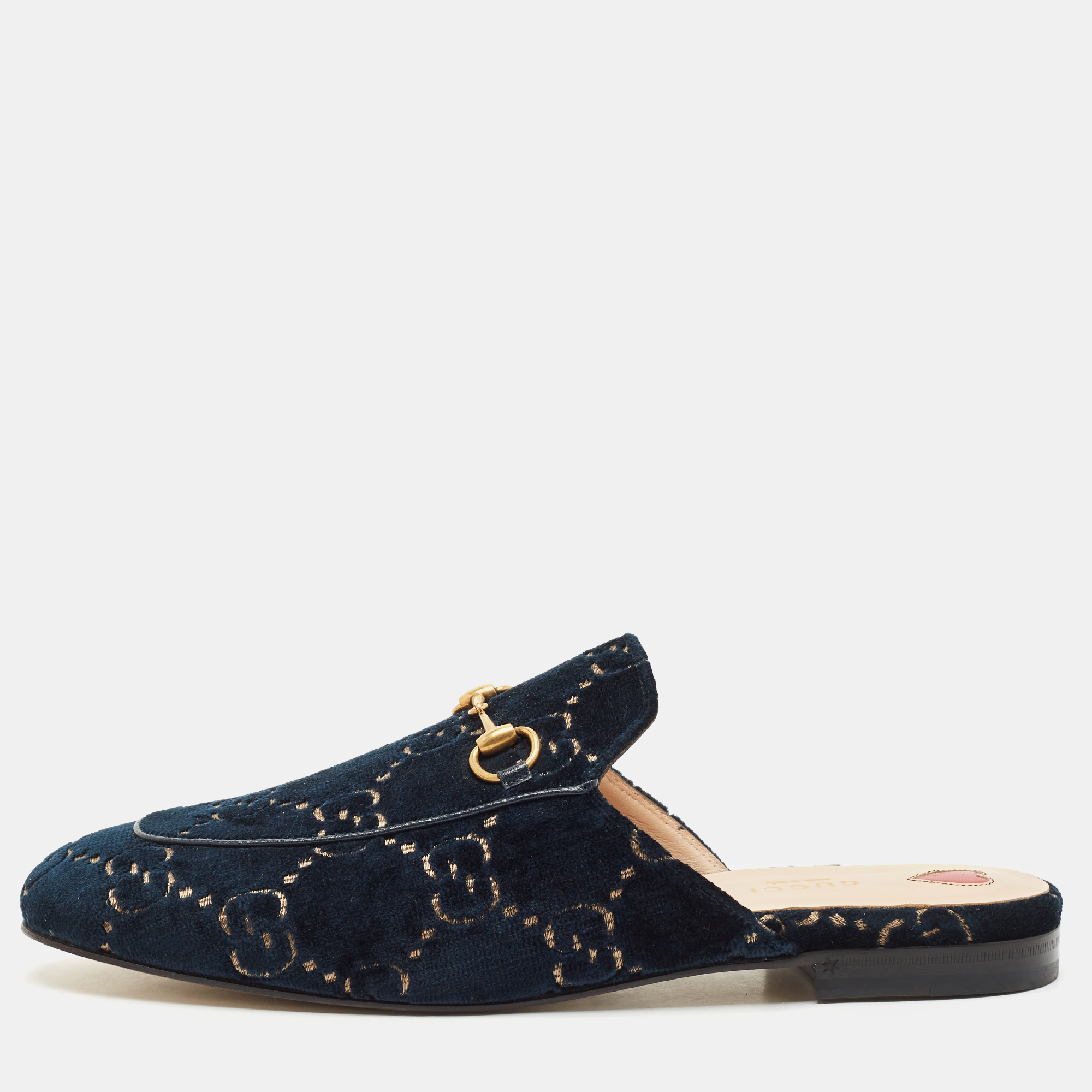 Pre-owned Gucci Navy Blue Gg Velvet Princetown Flat Mules Size 41.5