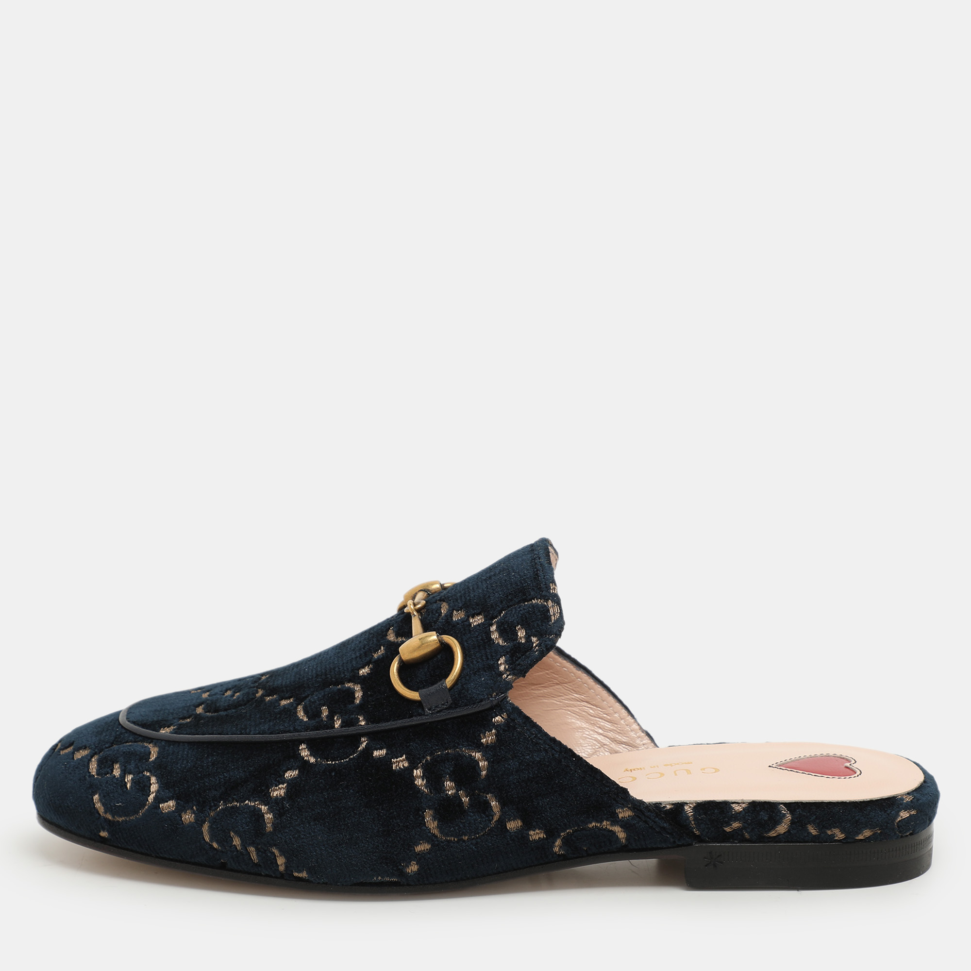 

Gucci Blue/Gold GG Velvet Princetown Horsebit Flat Mules Size