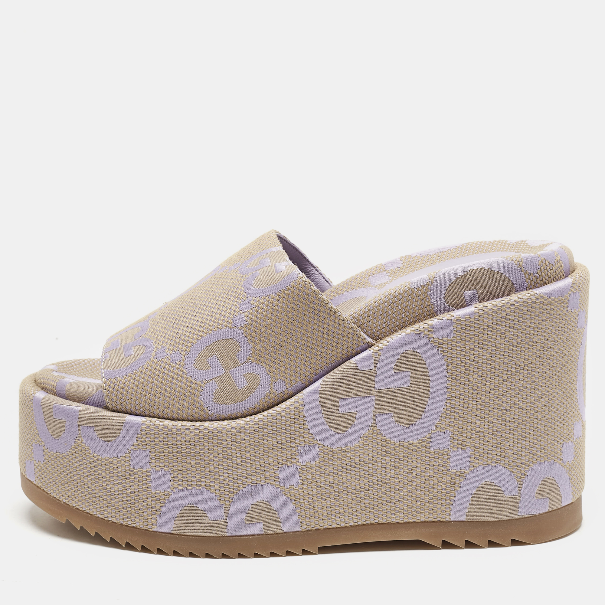 

Gucci Beige/Purple Jumbo GG Canvas Platform Slide Sandals Size