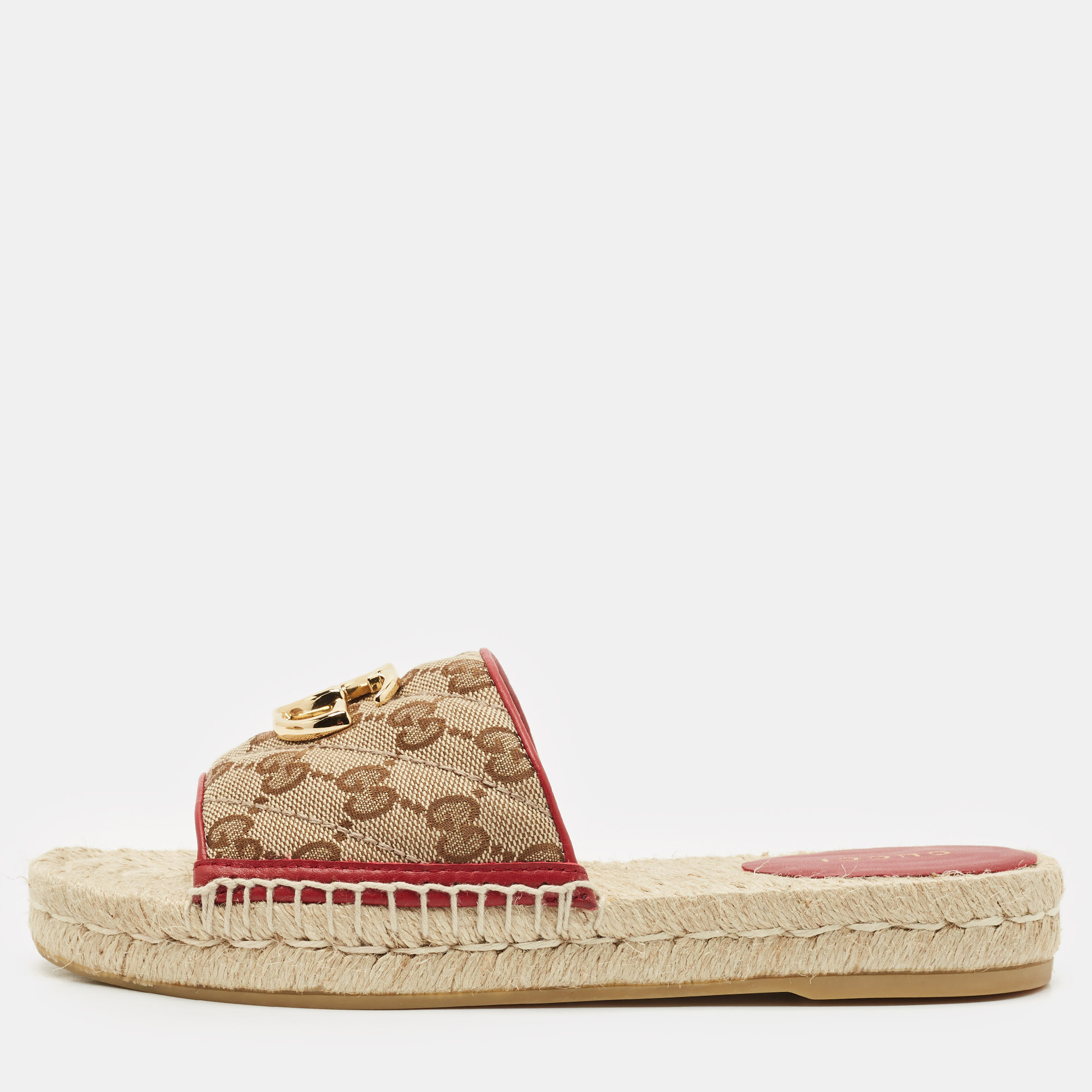 

Gucci Beige GG Canvas GG Marmont Espadrille Flat Slides Size