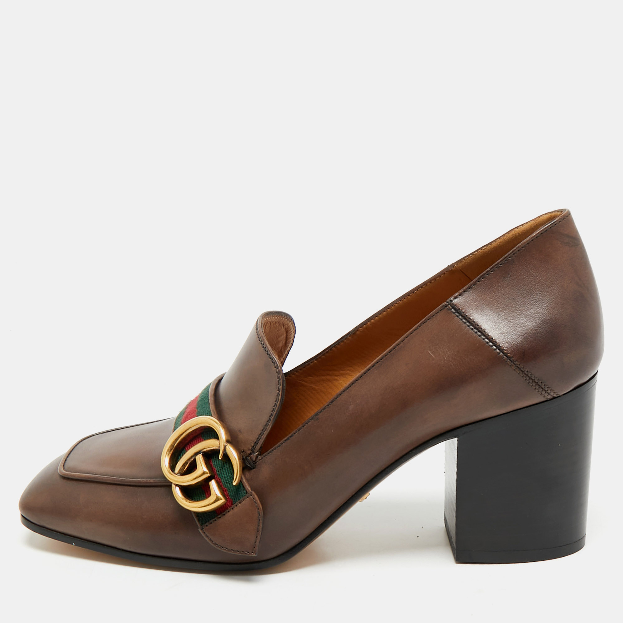 

Gucci Brown Leather GG Web Loafer Pumps Size