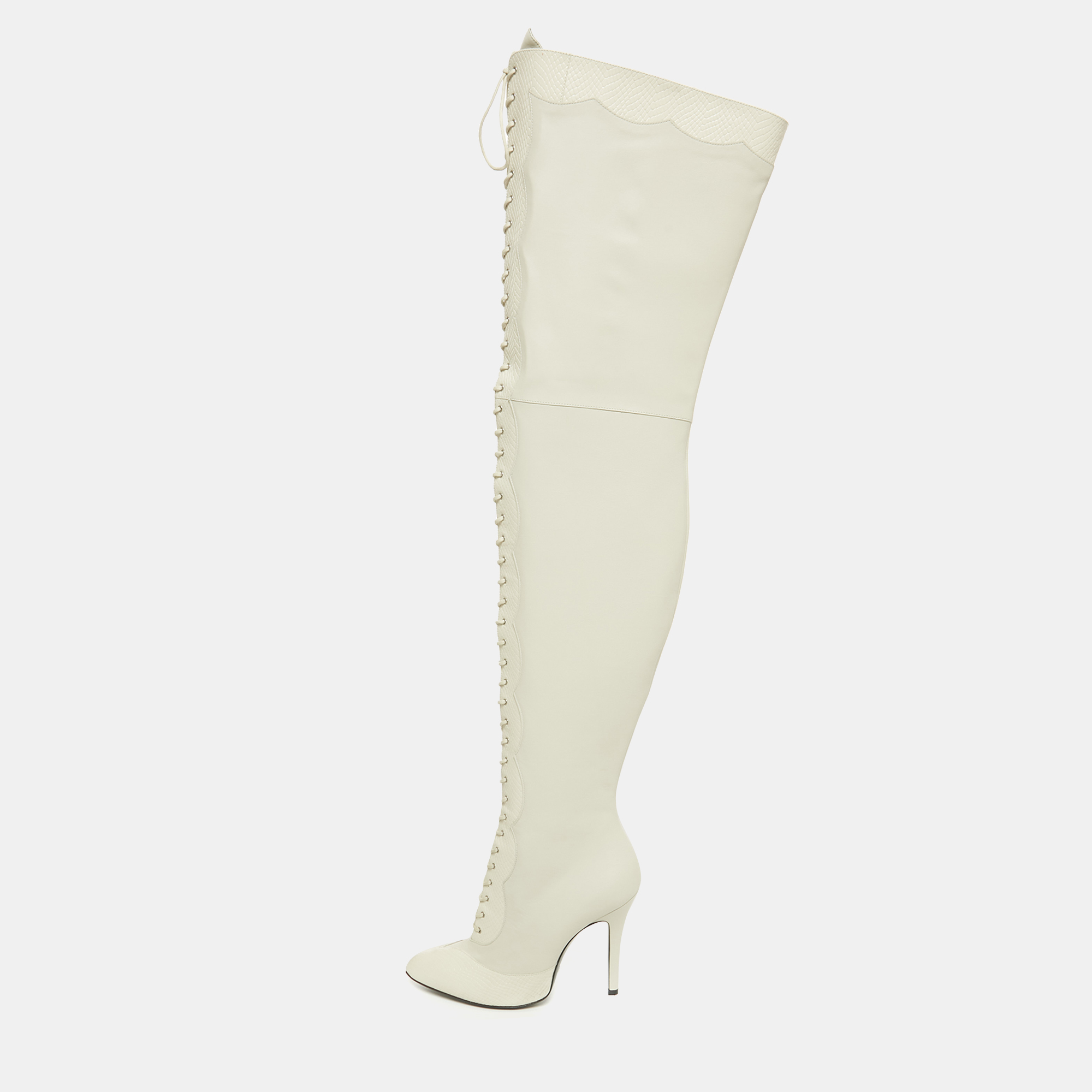 Pre-owned Gucci Off White Snakeskin Embossed And Leather Thigh High Boots Size 40