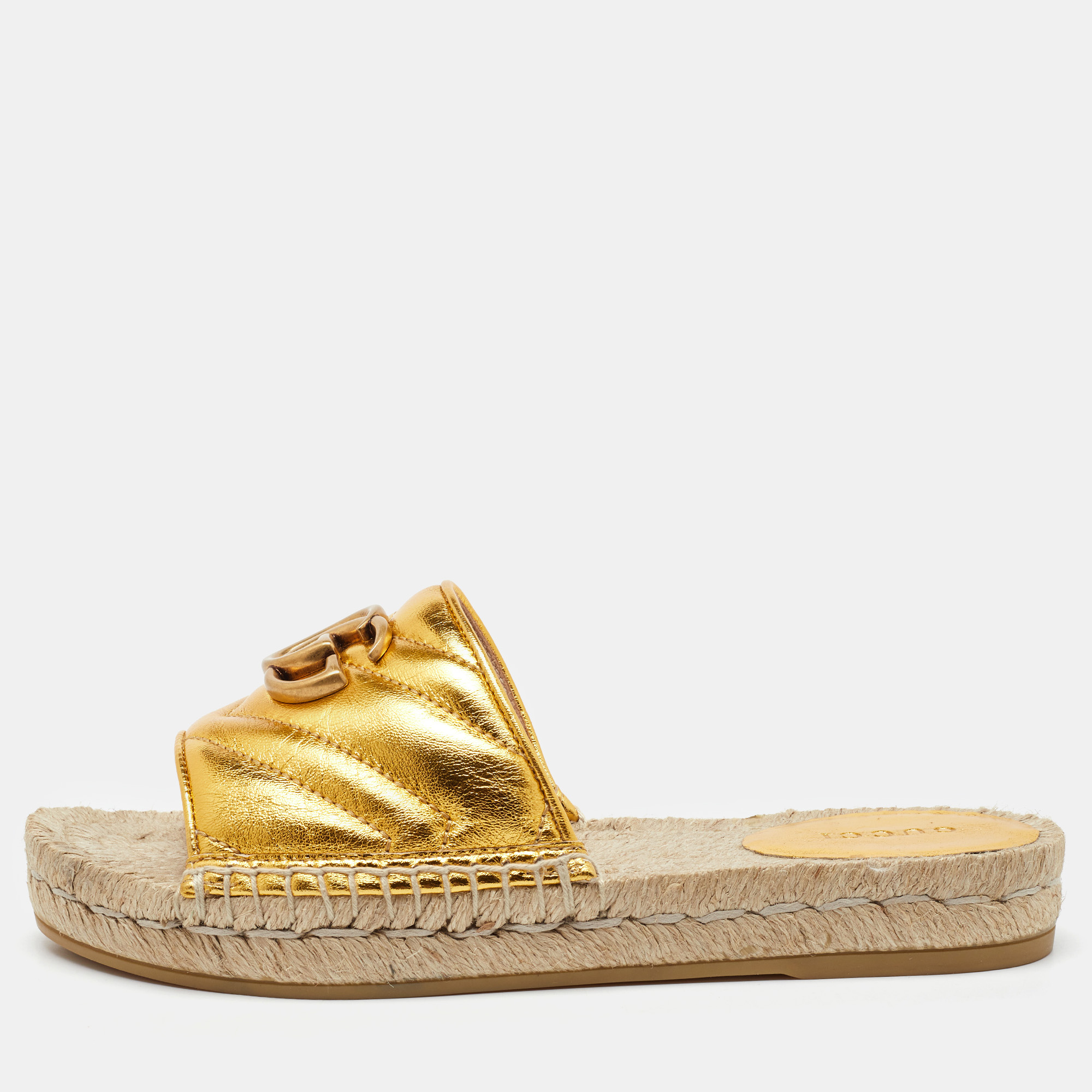

Gucci Metallic Gold Leather GG Marmont Pilar Espadrille Flat Slide Sandals Size