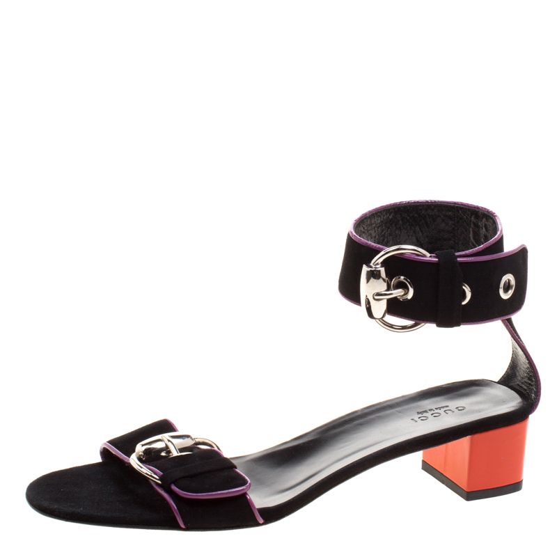 Pre Owned Gucci Black Suede Horsebit Buckle Ankle Strap Block Heel Sandals Size 39