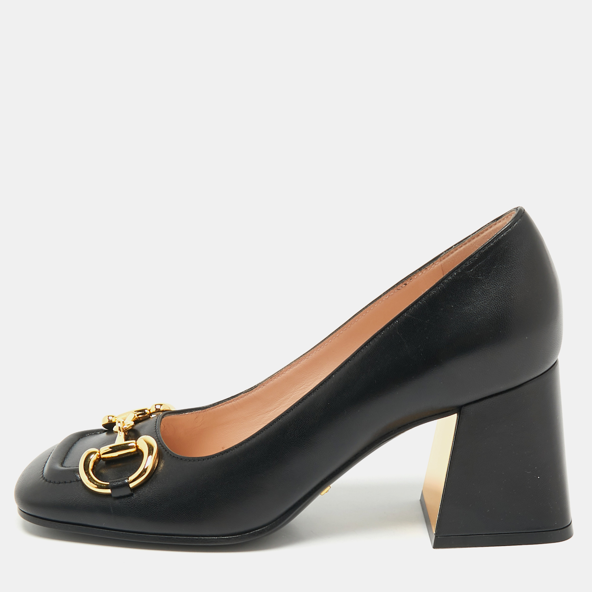 

Gucci Black Leather Horsebit Block Heel Pumps Size