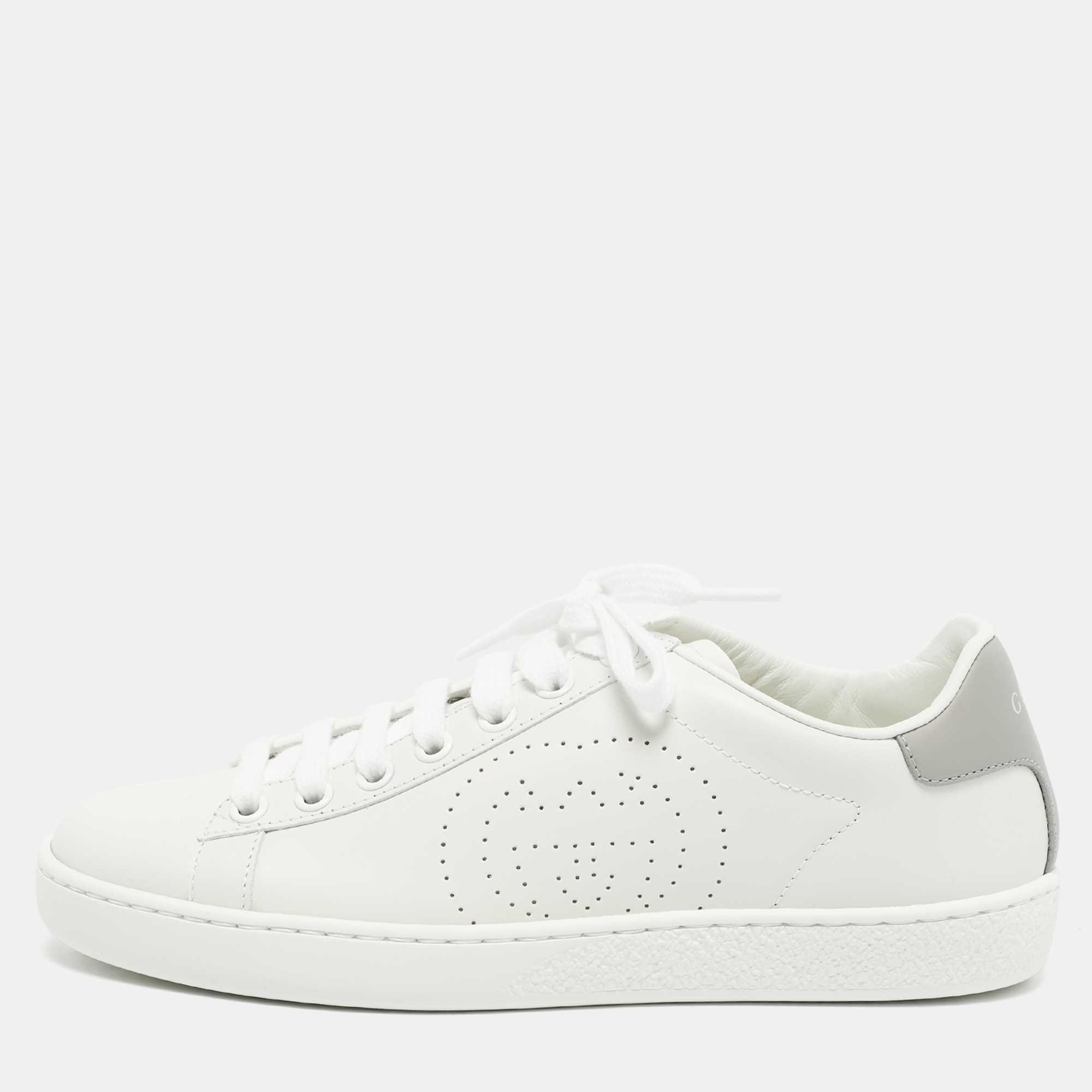 Pre-owned Gucci White Perforated Interlocking G Leather Ace Sneakers Size 35