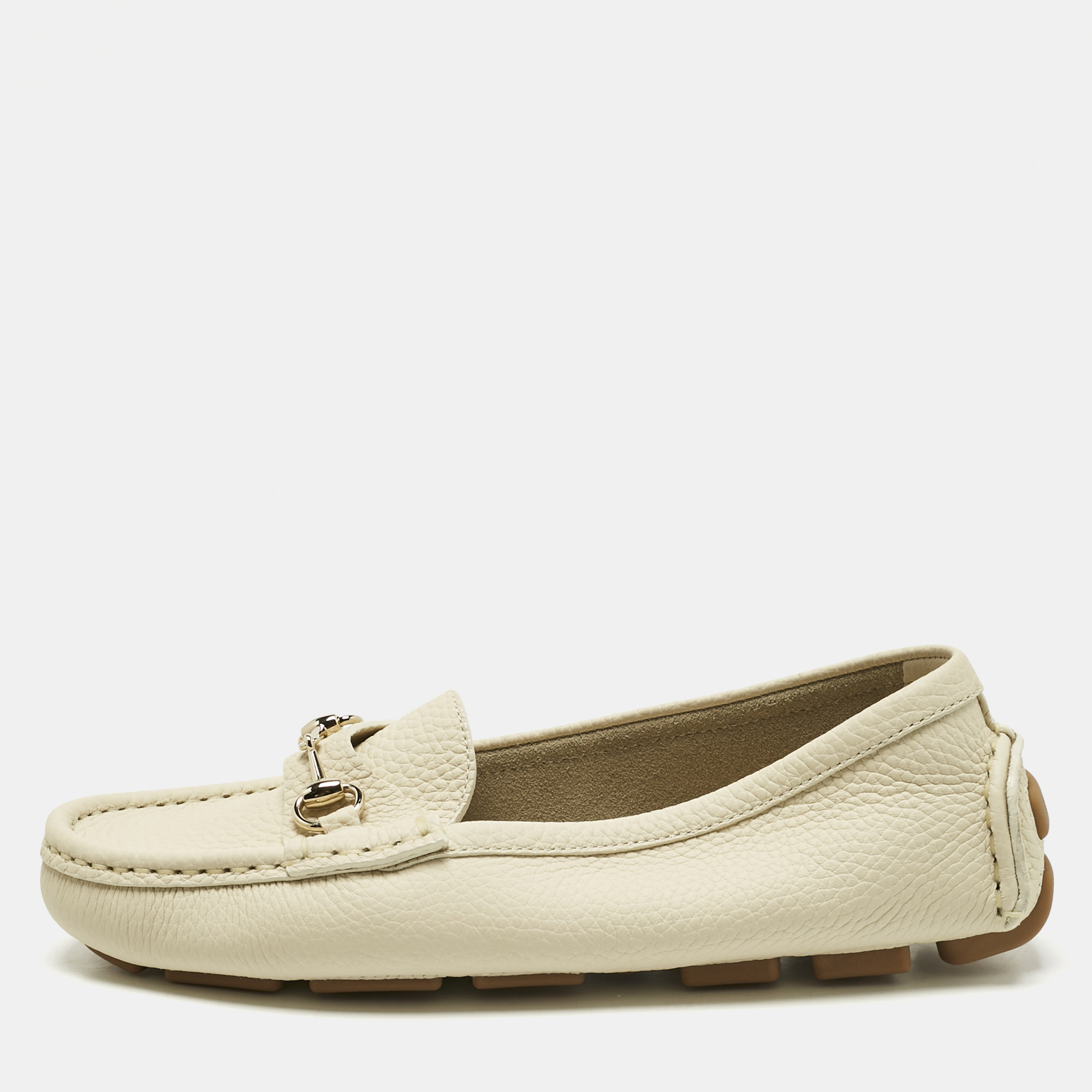 

Gucci Ivory Leather Horsebit Driver Loafers Size, White