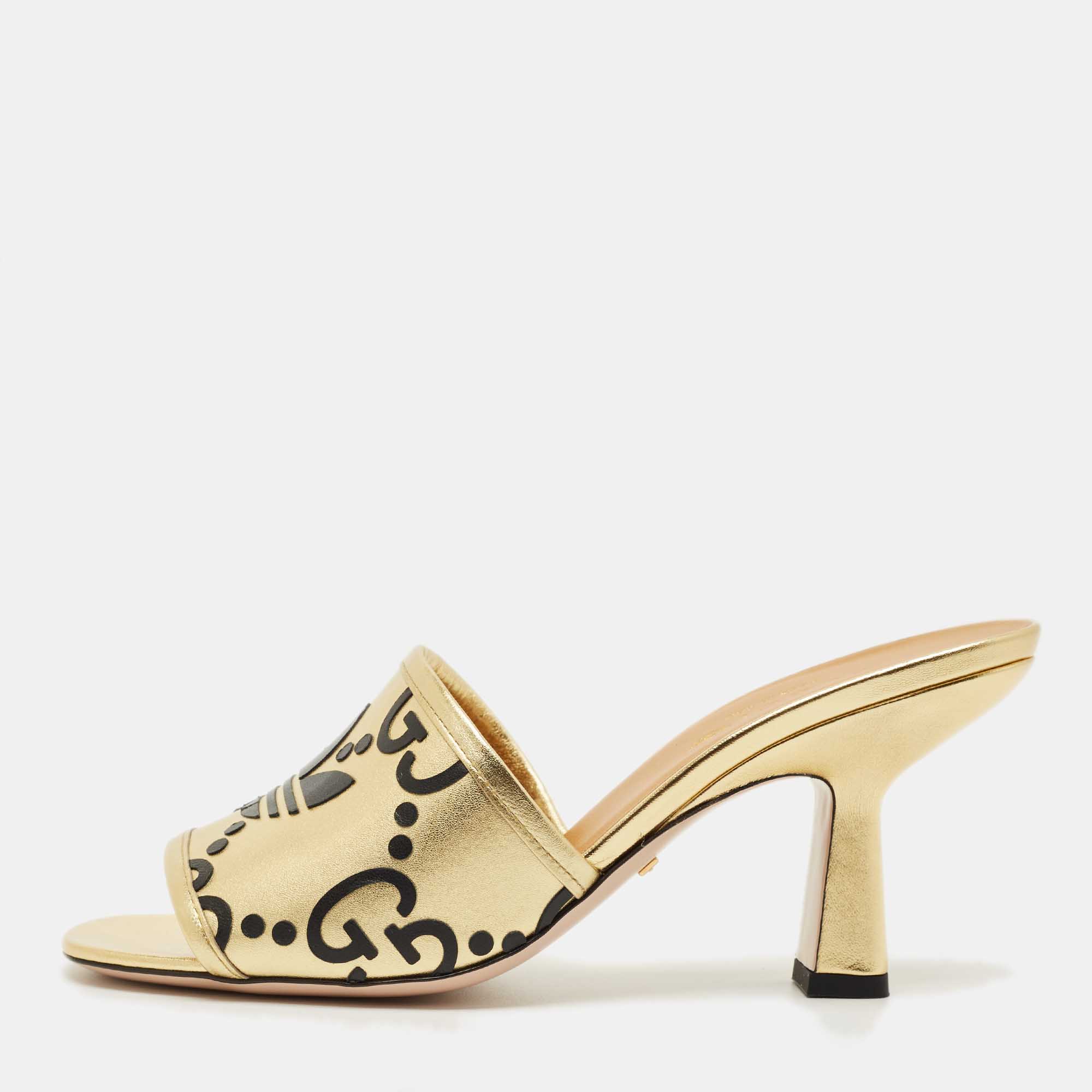 

Gucci x Adidas Gold Leather Nappa Silk Slide Sandal Size
