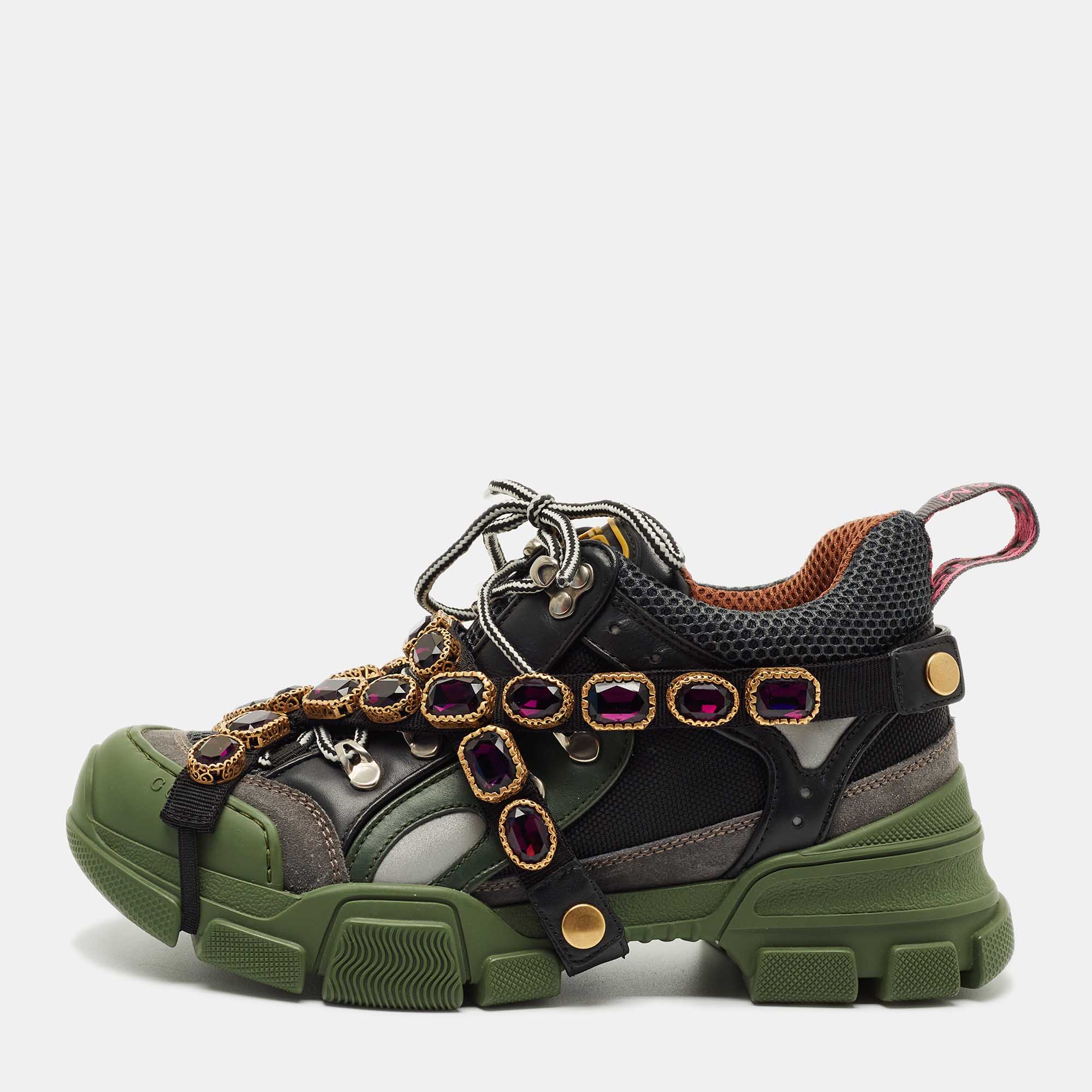 Pre-owned Gucci Multicolor Mesh And Leather Flashtrek Sneakers Size 38.5