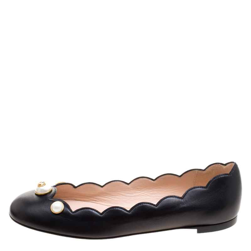 Gucci Black Leather Pearl Detail Ballet 