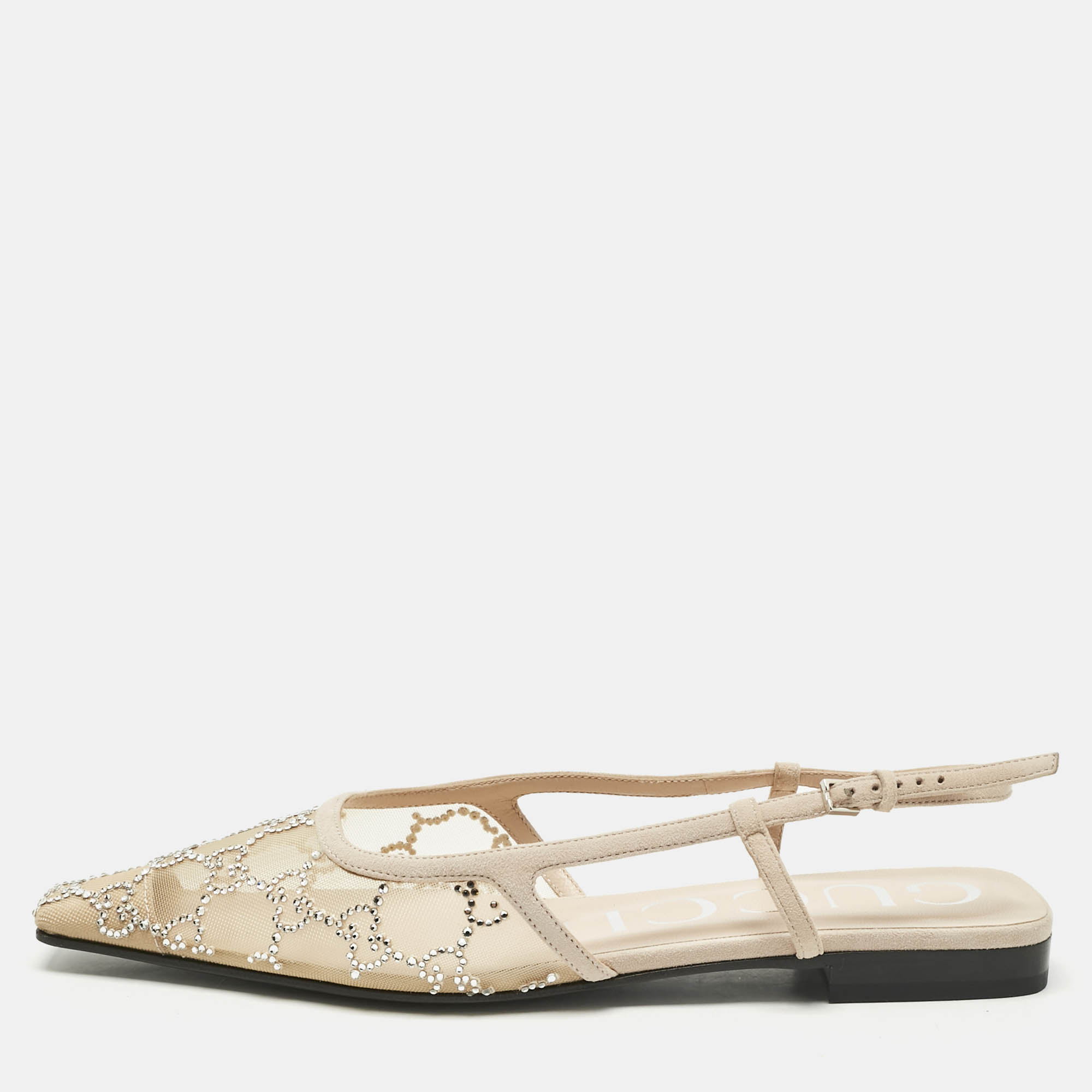 Pre-owned Gucci Beige Suede And Mesh Crystal Embellished Slingback Flats Size 37.5 In Sand