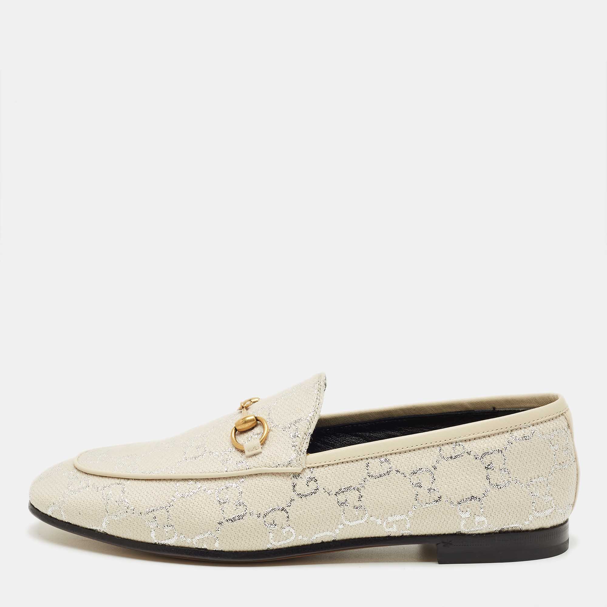 

Gucci Cream Jacquard and Leather Jordaan Loafers Size