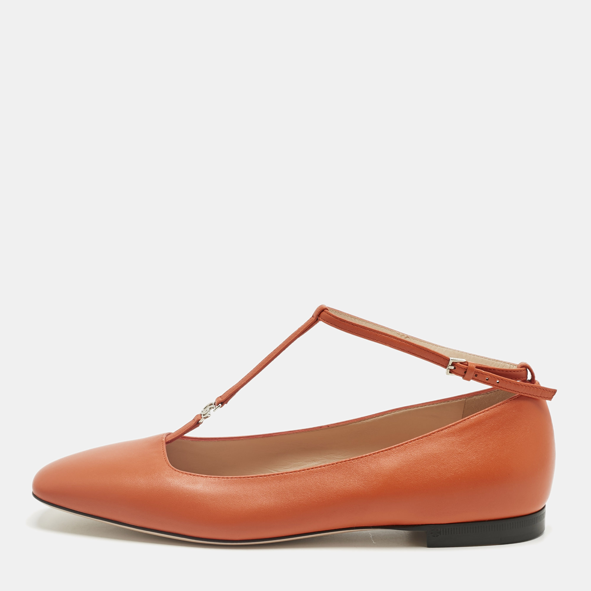 

Gucci Orange Leather Interlocking G Logo T Strap Ballet Flats Size