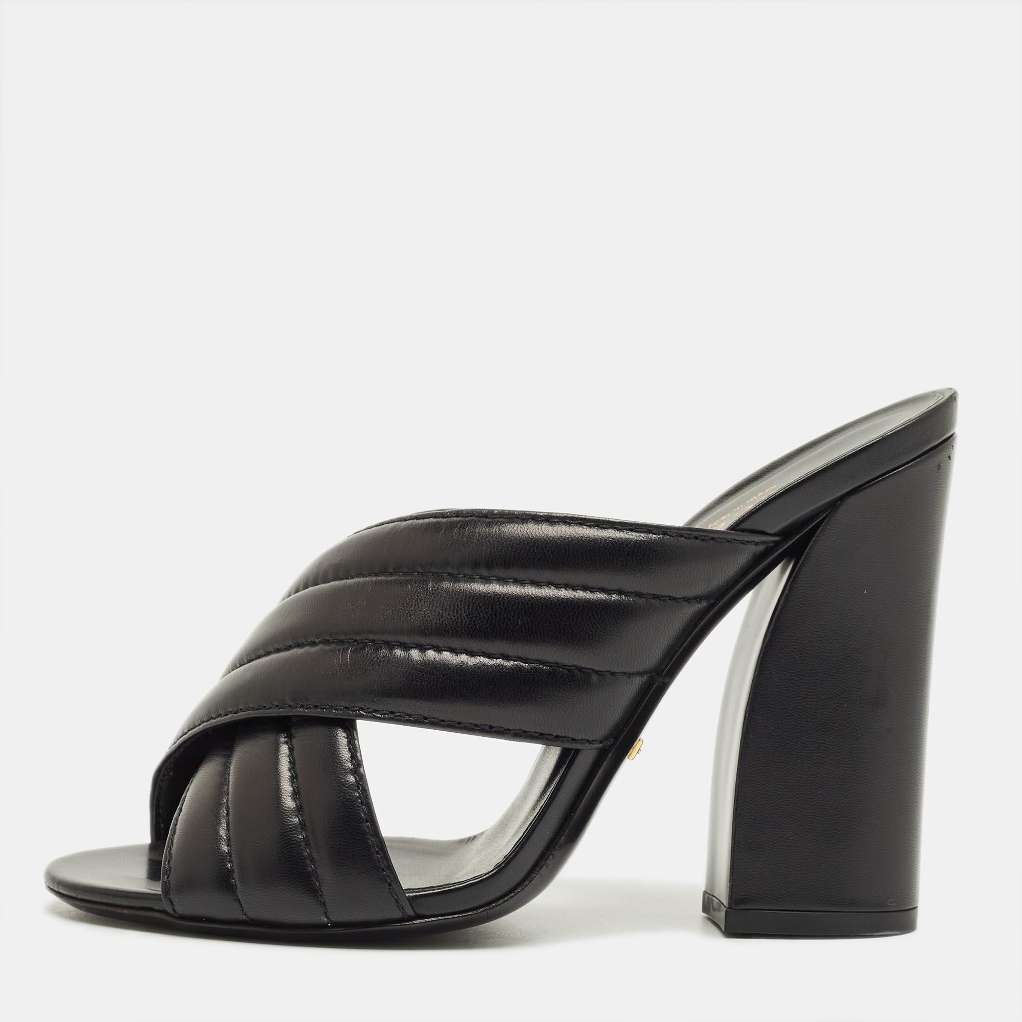 

Gucci Black Quilted Leather Webby Slide Sandals Size