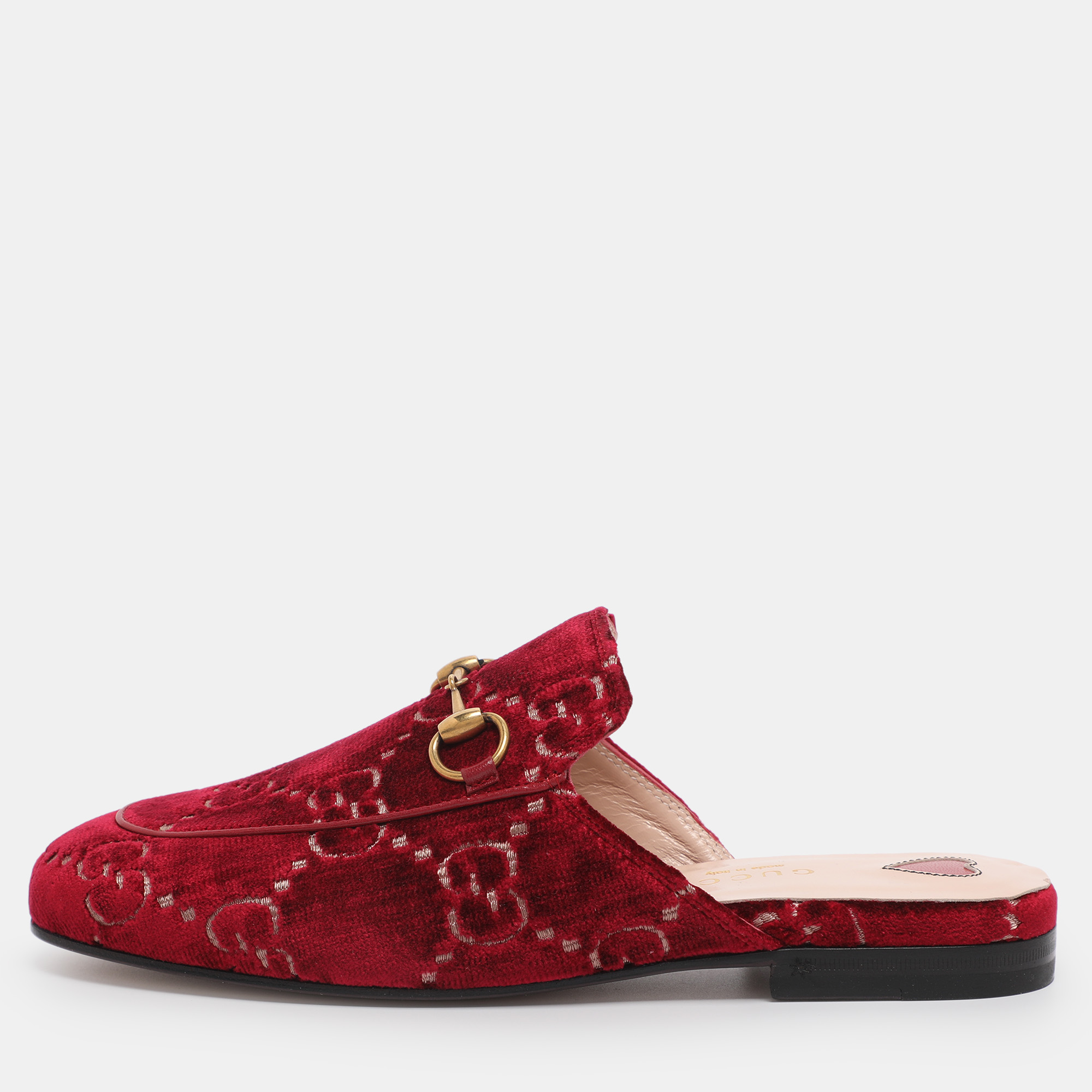 Pre-owned Gucci Red Gg Velvet Princetown Flat Mules Size 35