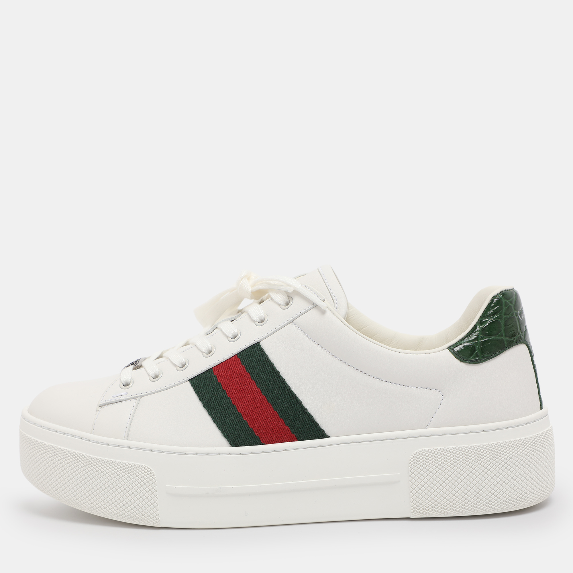 Pre-owned Gucci White Leather Web Ace Platform Sneakers Size 39.5