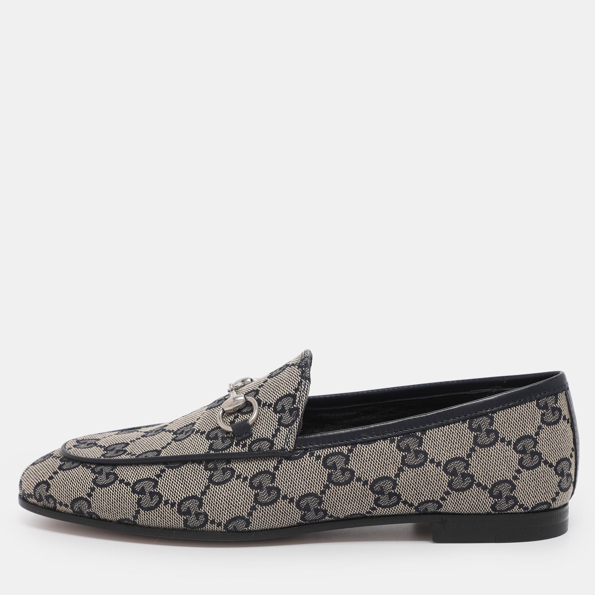 

Gucci Beige/Blue GG Canvas and Leather Jordaan Horsebit Loafers Size