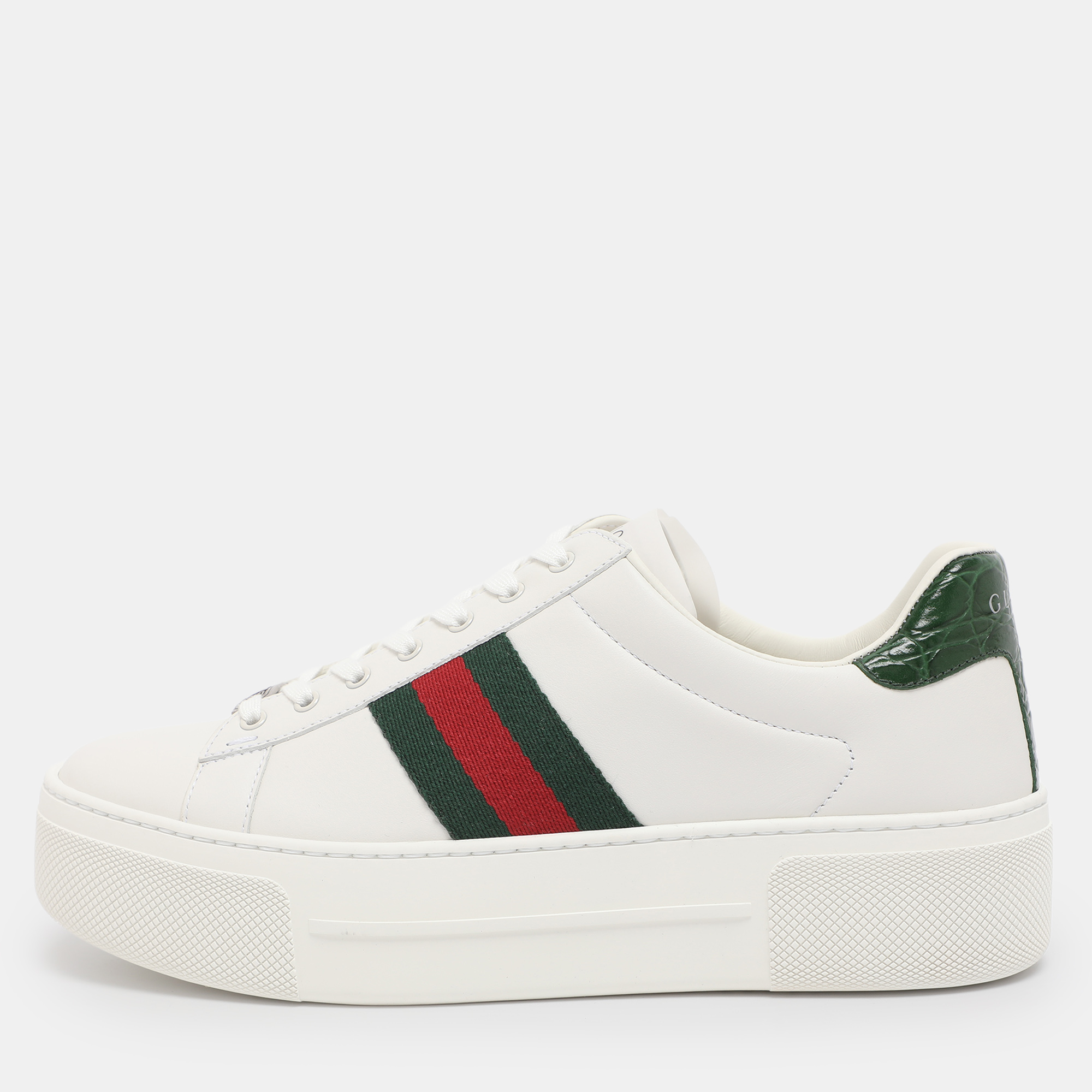 Pre-owned Gucci White Leather Web Ace Platform Sneakers Size 38