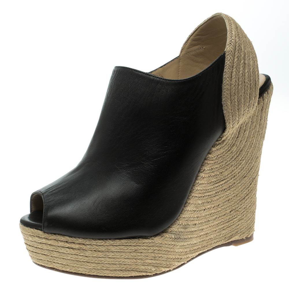 مملوكة مسبقًا Gucci Black Leather Peep Toe Espadrille Wedge Sandals Size 38.5