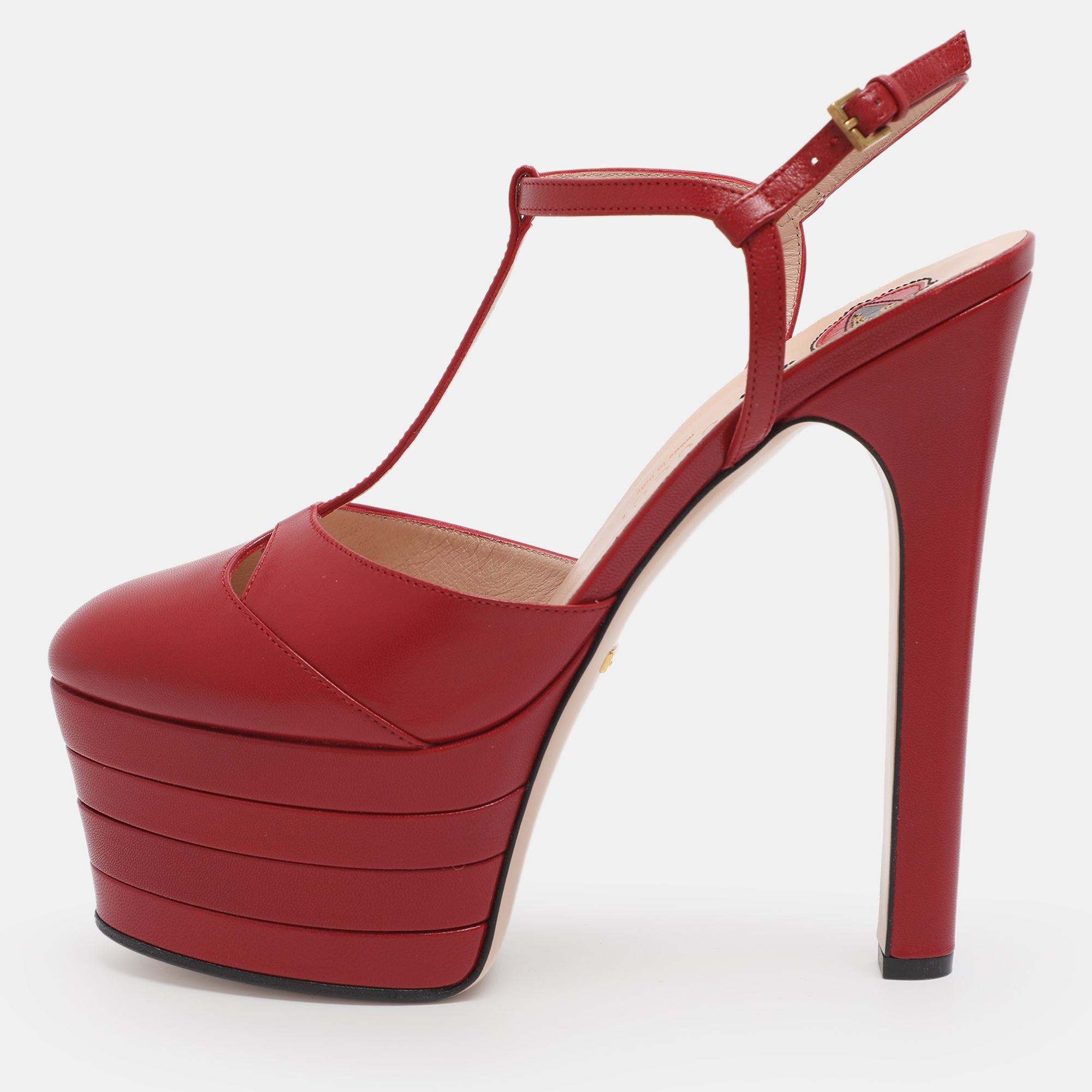 Pre-owned Gucci Angel Size 38.5 Red Leather Platform Sandals