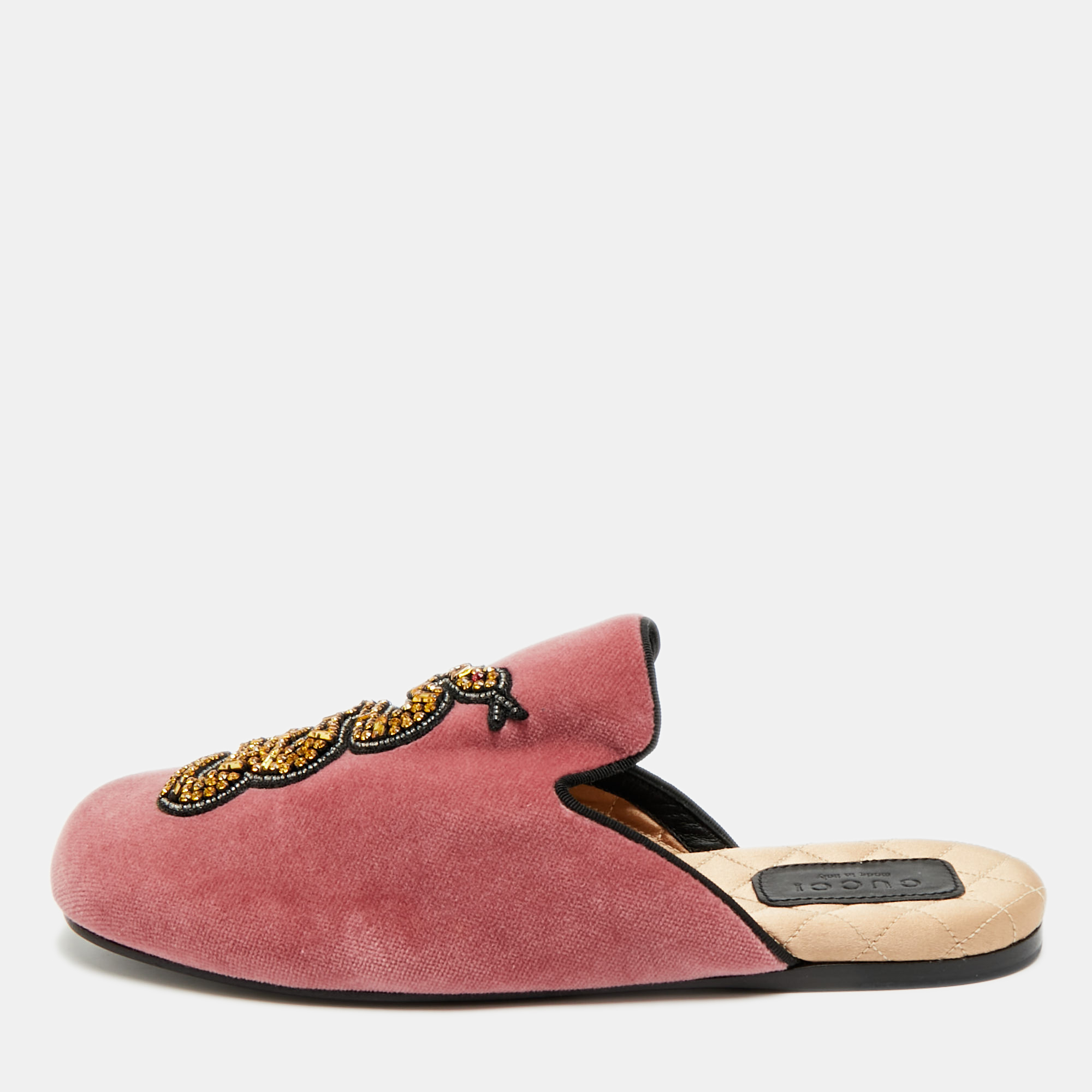 

Gucci Lawrence Size  Pink Velvet Crystal Embellished Flat Mules