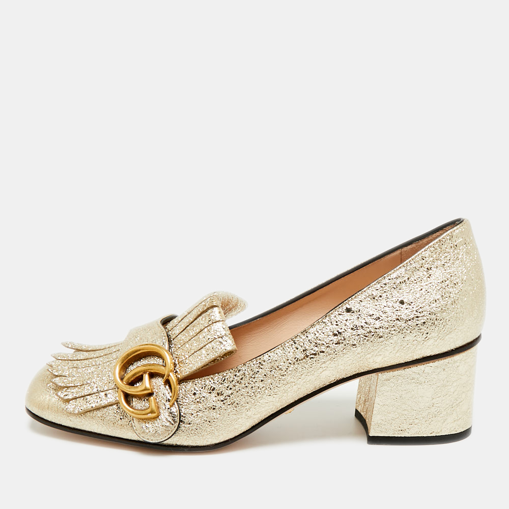 

Gucci GG Marmont Size  Gold Foil Leather Fringe Block Heel Pumps
