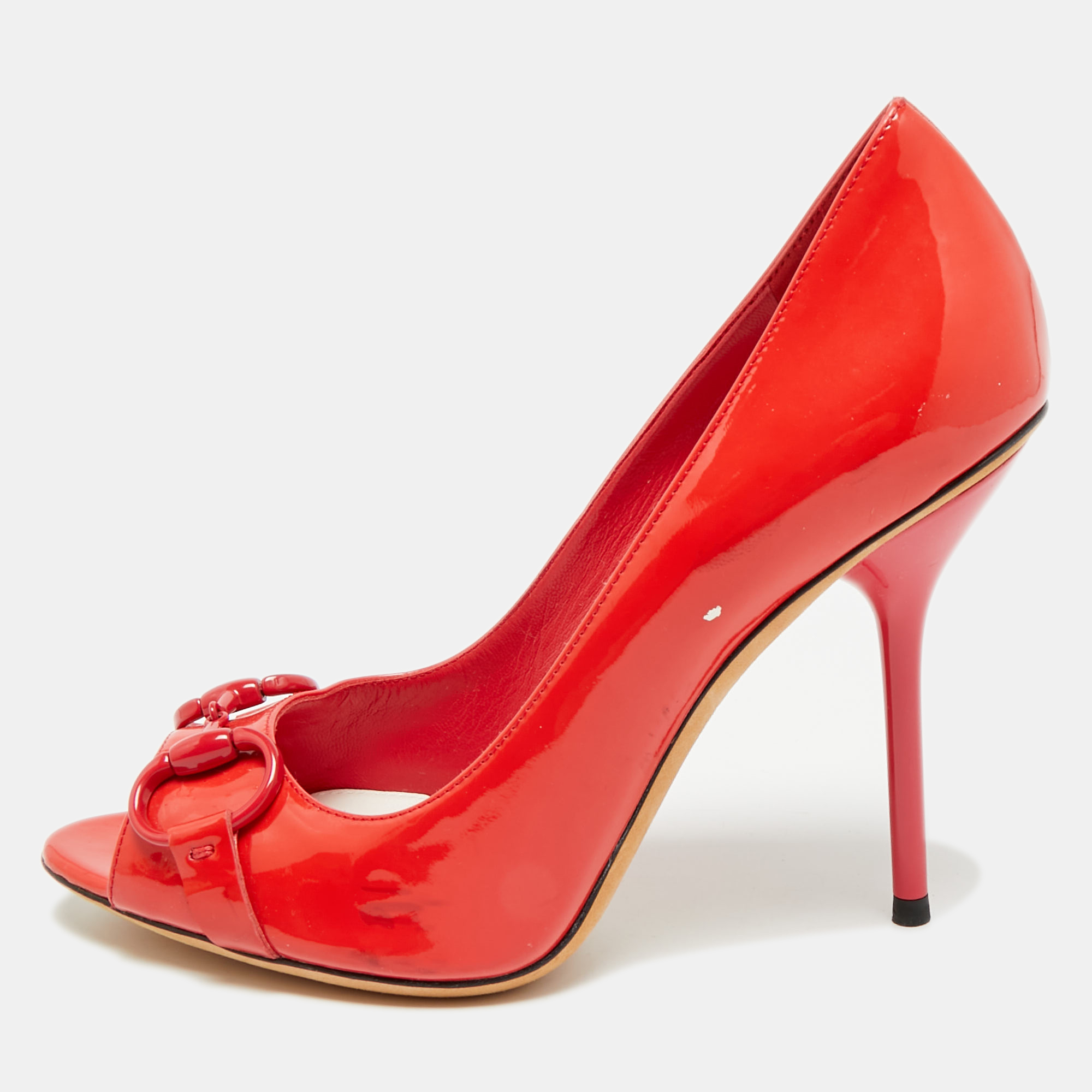 

Gucci Horsebit Size  Red Patent Leather Peep Toe Pumps