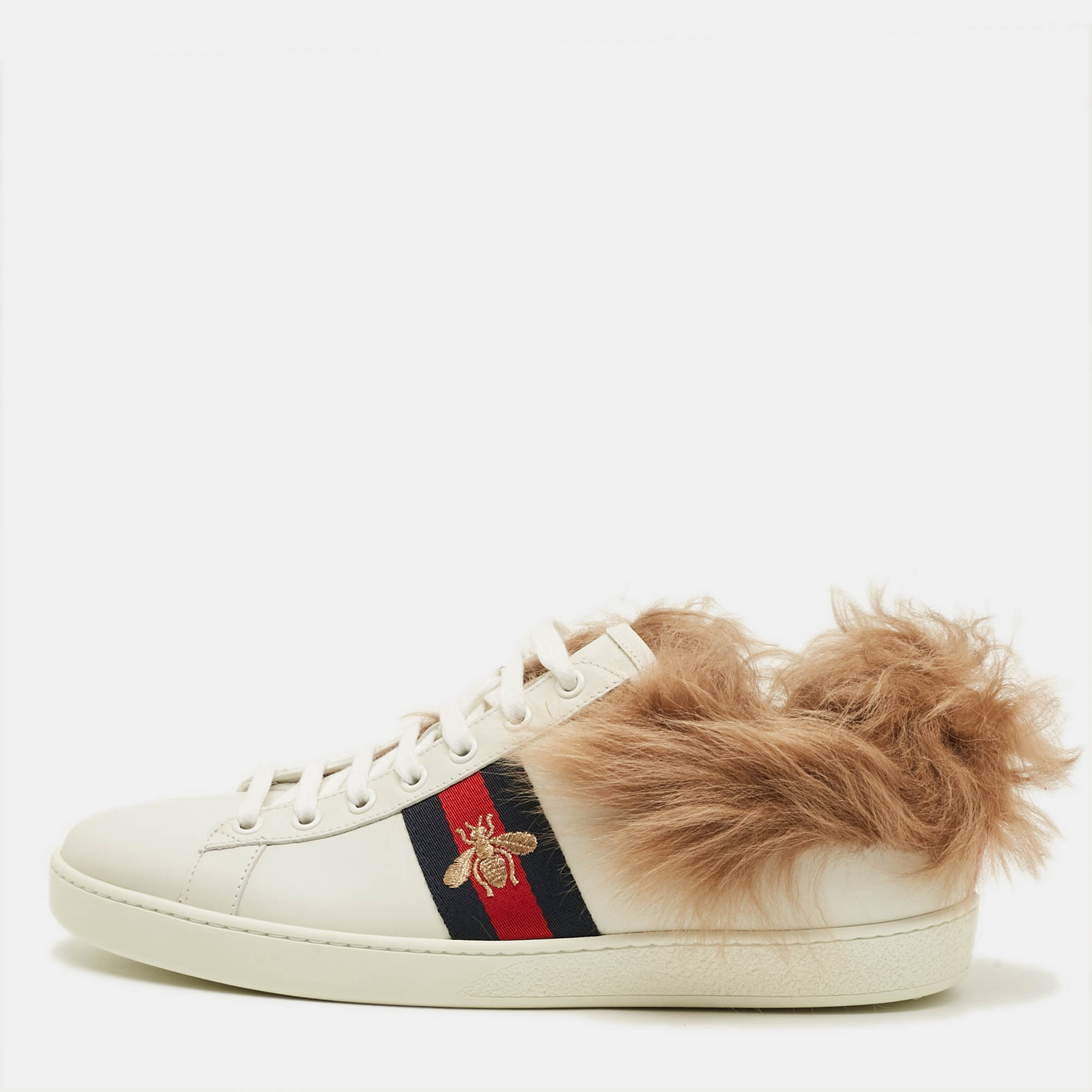 

Gucci Ace Size  White Fur and Leather Low Top Sneakers