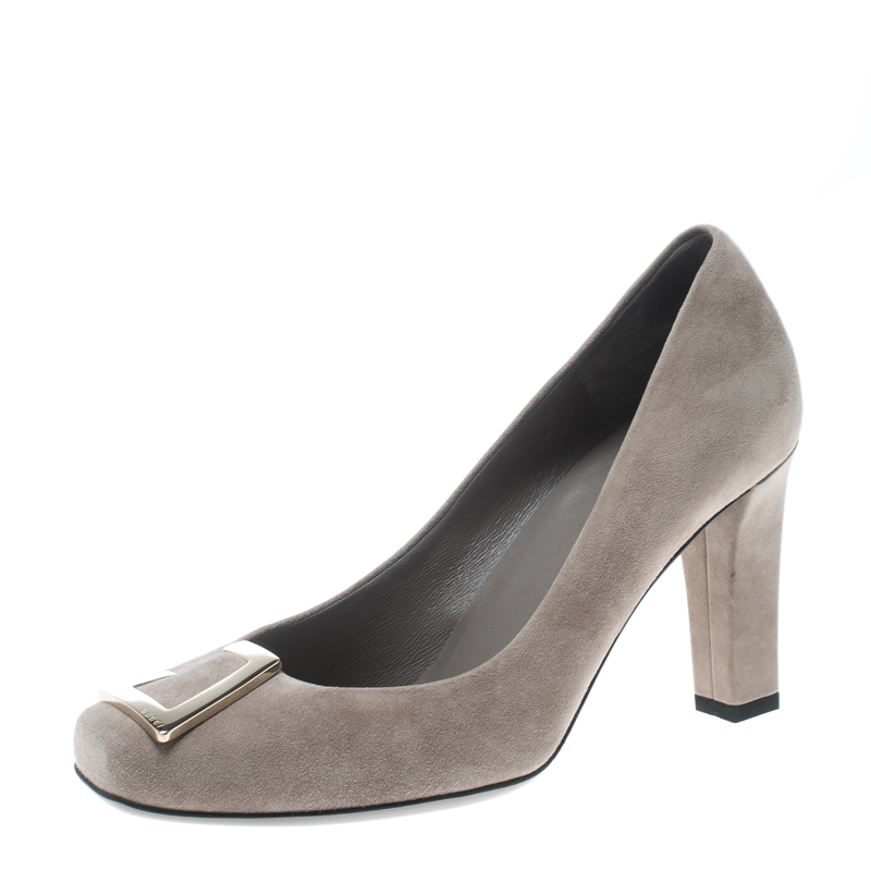 Pre Owned حذاء كعب عالي غوتشي إبزيم G سويدي رمادي فاتح مقاس 36