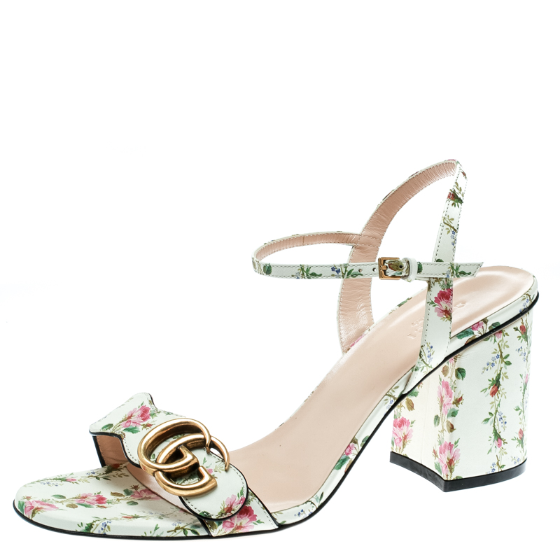 Gucci Multicolor Floral Print Leather GG Marmont Ankle Strap Sandals