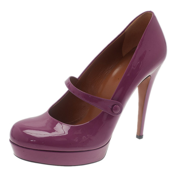 مملوكة مسبقًا حذاء غوتشي بيتي ماري جين جلد أرجواني ونعل سميك مقاس 38.5