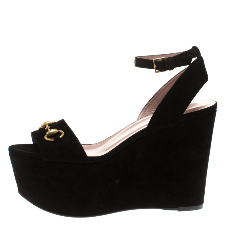 

Gucci Black Suede Horsebit Platform Ankle Strap Wedges Size