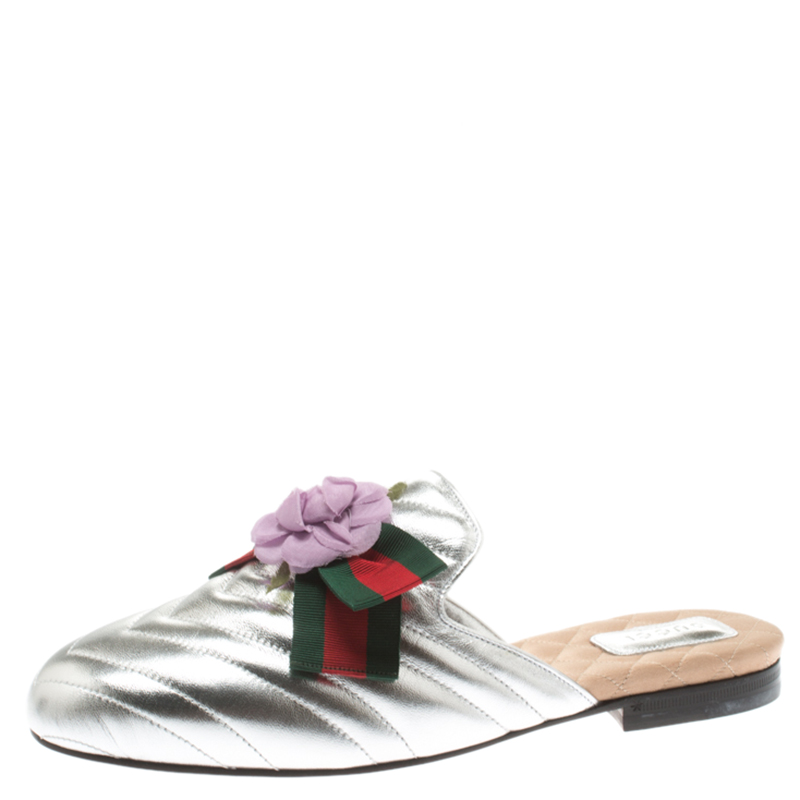 Gucci Metallic Silver Quilted Leather Web Bow Rose Detail Princetown Mules Size 39